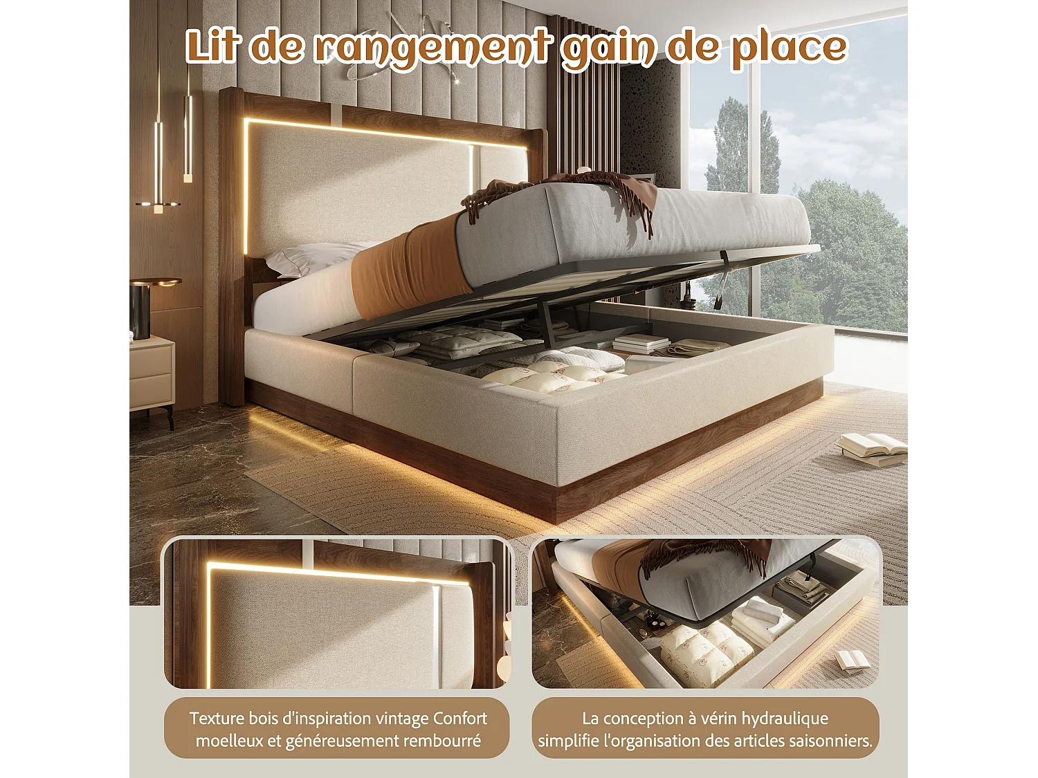 Lit Coffre Adulte Design Rétro | Éclairage LED & Rangement Hydraulique | Tête de Lit Rembourrée Lin | Sommier à Lattes | 180x200cm