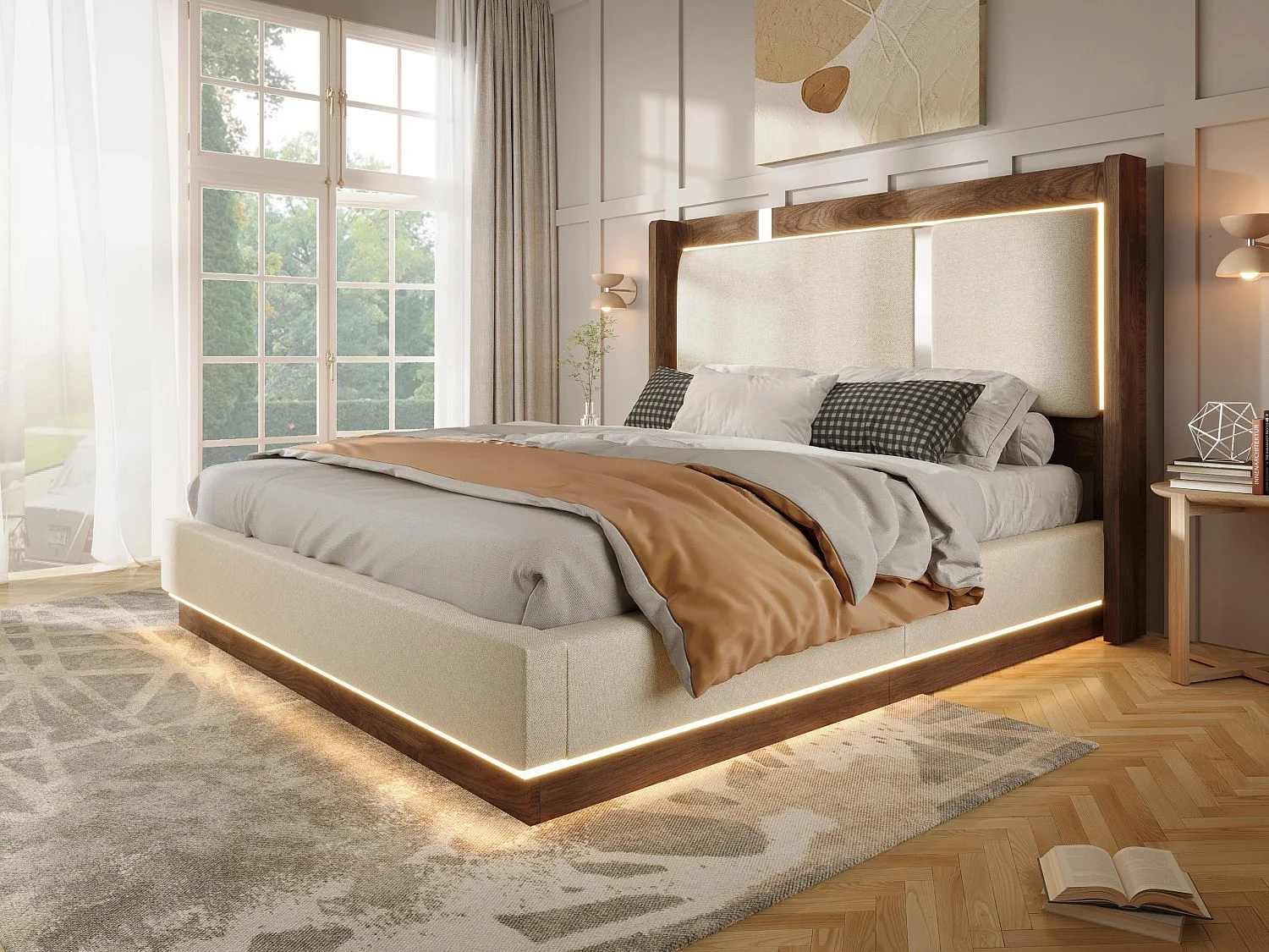 Lit Coffre Adulte Design Rétro | Éclairage LED & Rangement Hydraulique | Tête de Lit Rembourrée Lin | Sommier à Lattes | 180x200cm