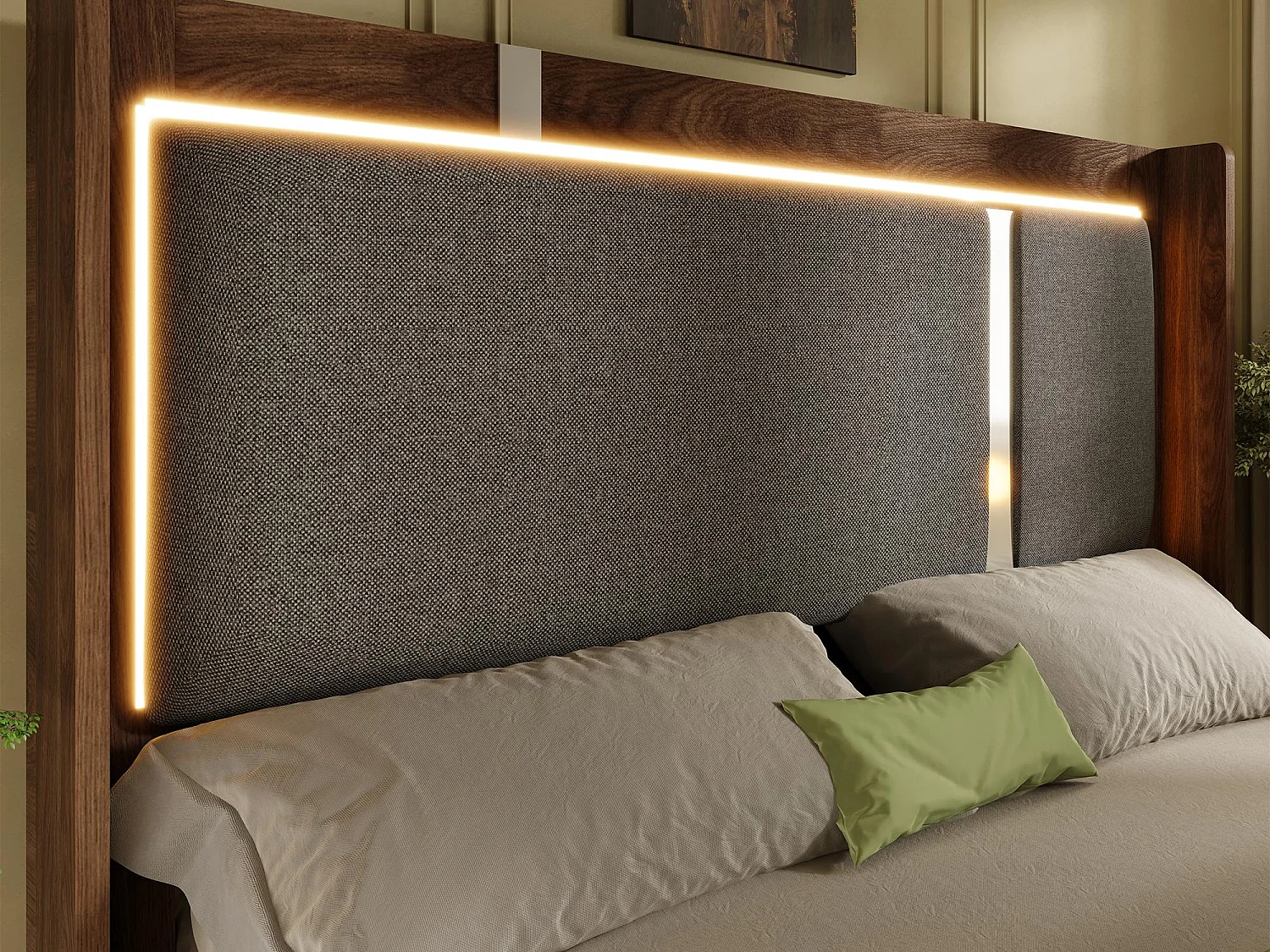 Lit Coffre Adulte Design Rétro | Éclairage LED & Rangement Hydraulique | Tête de Lit Rembourrée Lin | Sommier à Lattes | 160x200cm