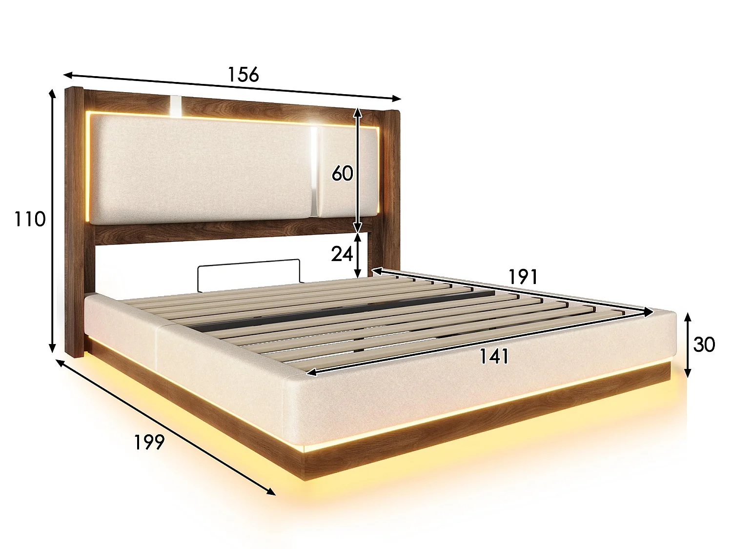 Lit Coffre Adulte Design Rétro | Éclairage LED & Rangement Hydraulique | Tête de Lit Rembourrée Lin | Sommier à Lattes | 140x190cm