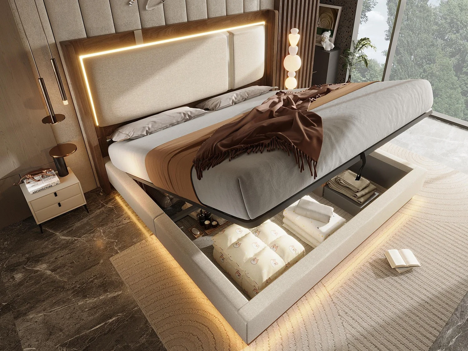 Lit Coffre Adulte Design Rétro | Éclairage LED & Rangement Hydraulique | Tête de Lit Rembourrée Lin | Sommier à Lattes | 140x190cm