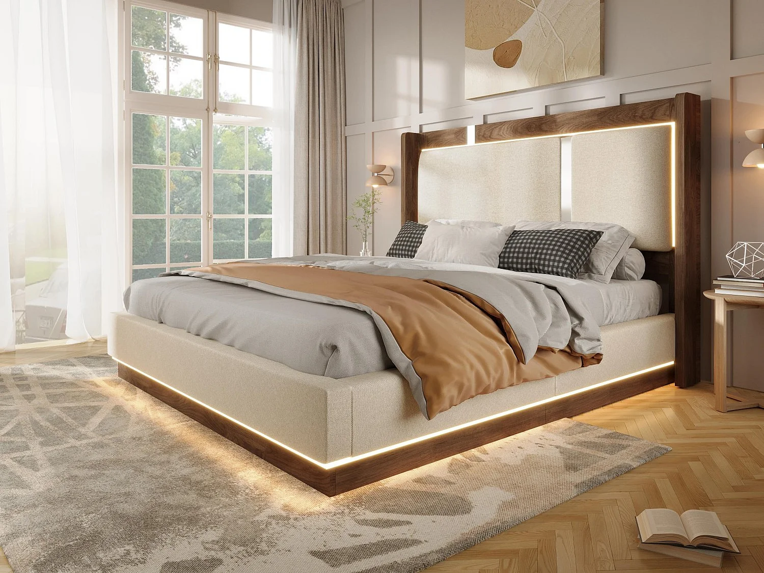 Lit Coffre Adulte Design Rétro | Éclairage LED & Rangement Hydraulique | Tête de Lit Rembourrée Lin | Sommier à Lattes | 140x190cm