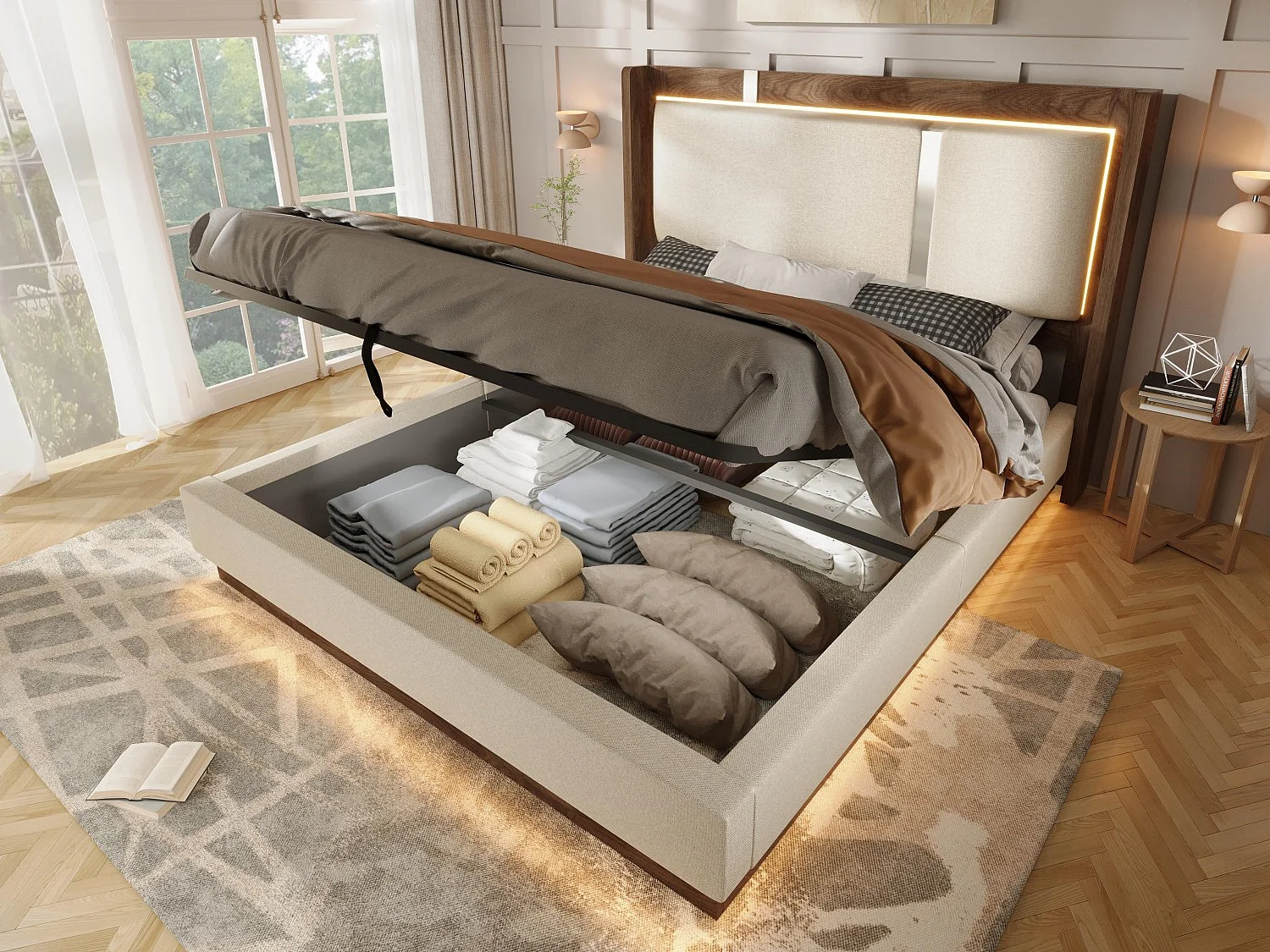 Lit Coffre Adulte Design Rétro | Éclairage LED & Rangement Hydraulique | Tête de Lit Rembourrée Lin | Sommier à Lattes | 140x190cm