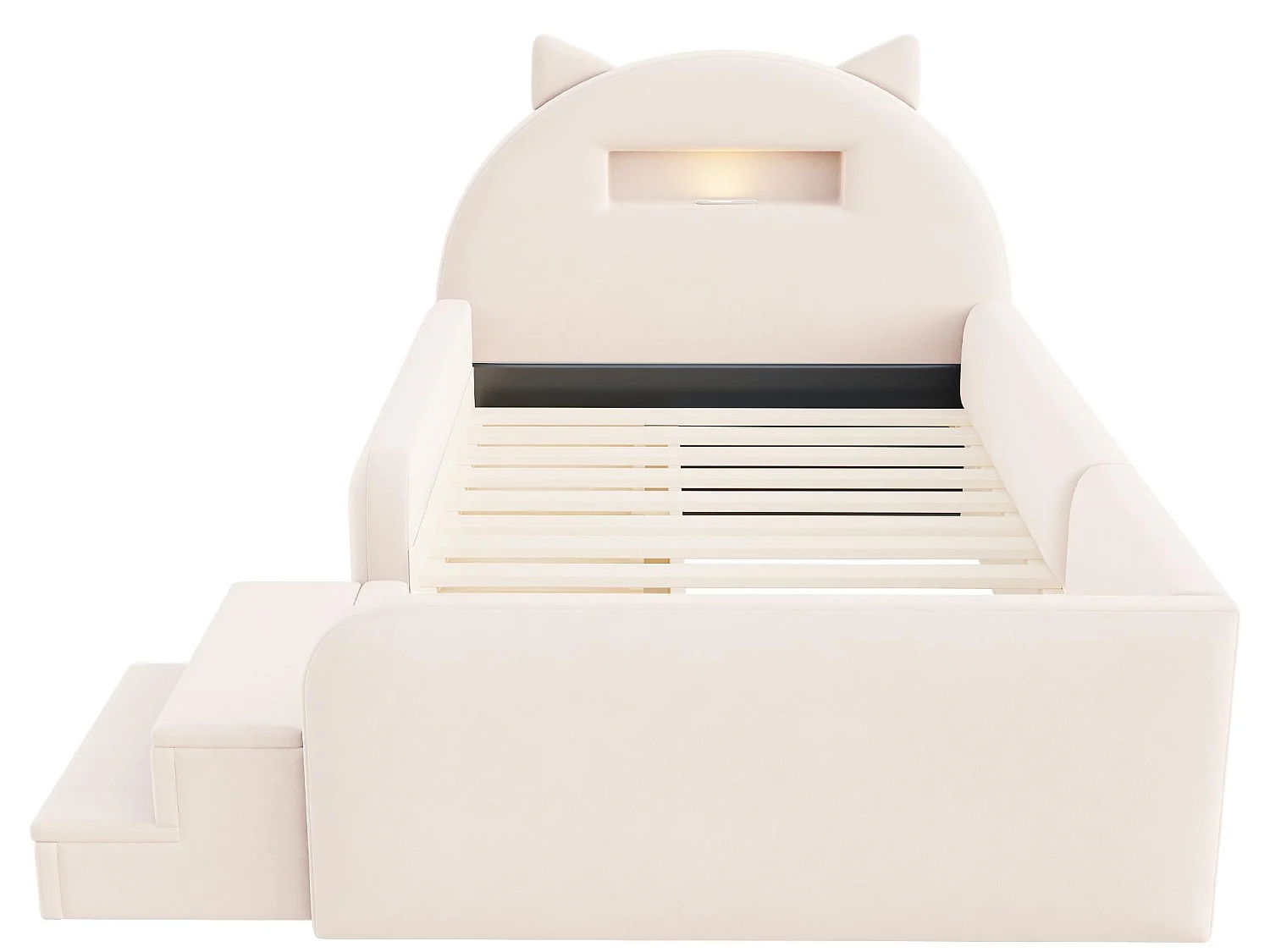 Lit Enfant Chat 90x200 Velours - Veilleuse Sans Fil, Port USB, 4 Tiroirs, Marchepied Amovible - Sur-Mesure Possible