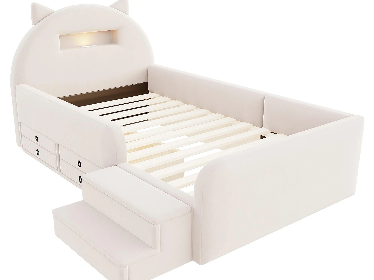 Lit Enfant Chat 90x200 Velours - Veilleuse Sans Fil, Port USB, 4 Tiroirs, Marchepied Amovible - Sur-Mesure Possible