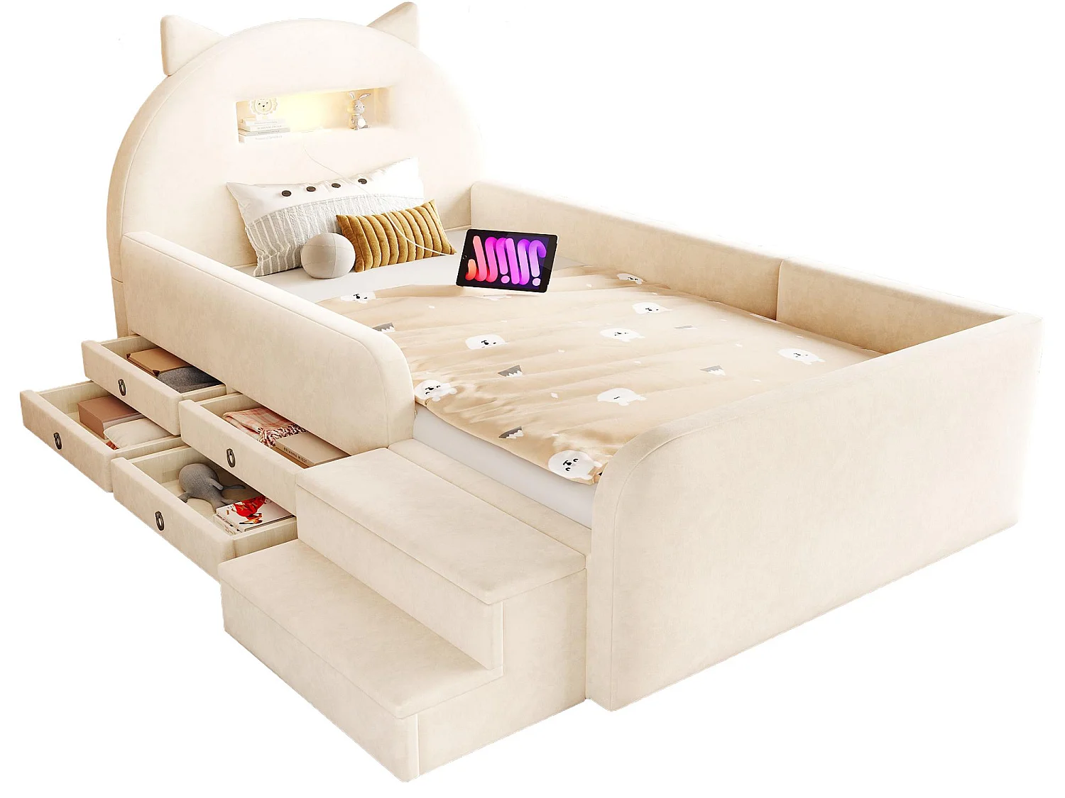 Lit Enfant Chat 90x200 Velours - Veilleuse Sans Fil, Port USB, 4 Tiroirs, Marchepied Amovible - Sur-Mesure Possible