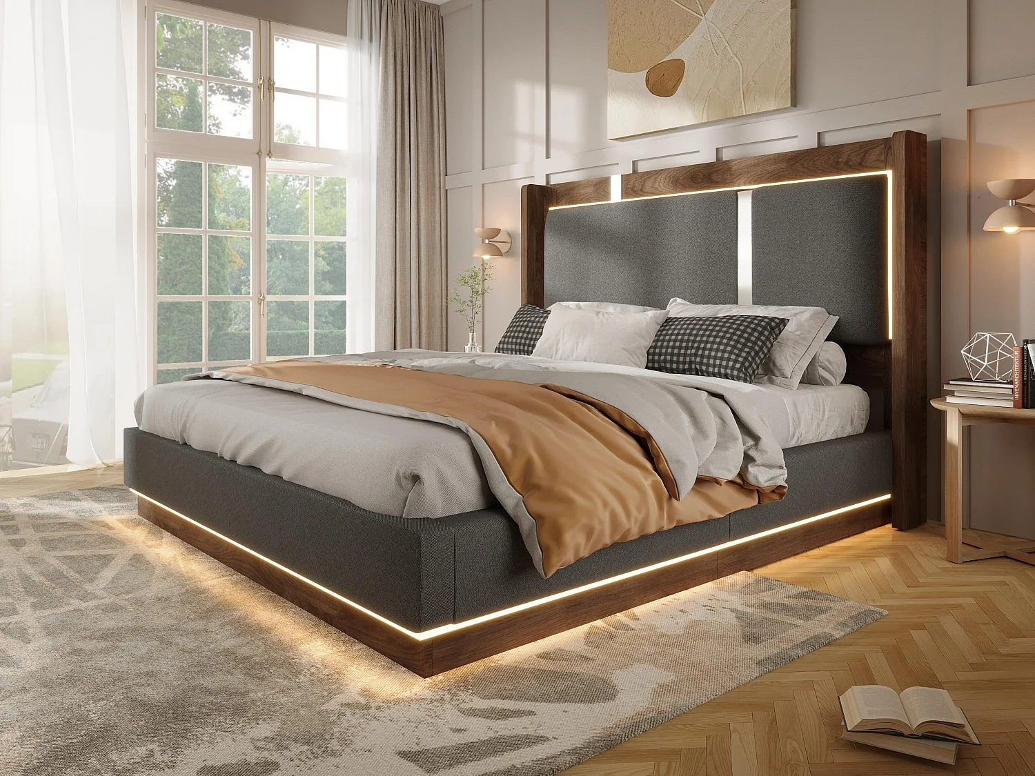 Lit Coffre Adulte Design Rétro | Éclairage LED & Rangement Hydraulique | Tête de Lit Rembourrée Lin | Sommier à Lattes | 180x200cm