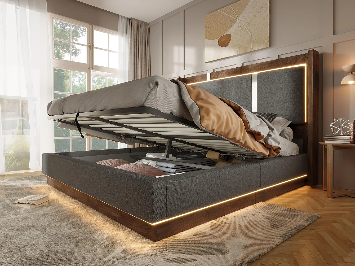 Lit Coffre Adulte Design Rétro | Éclairage LED & Rangement Hydraulique | Tête de Lit Rembourrée Lin | Sommier à Lattes | 180x200cm