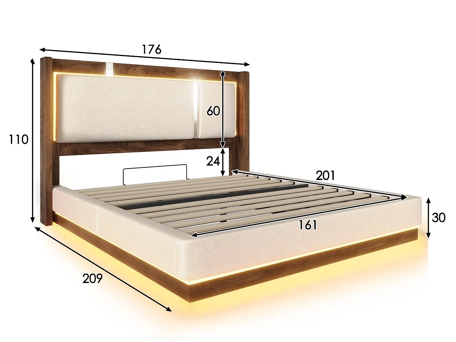Lit Coffre Adulte Design Rétro | Éclairage LED & Rangement Hydraulique | Tête de Lit Rembourrée Lin | Sommier à Lattes | 160x200cm