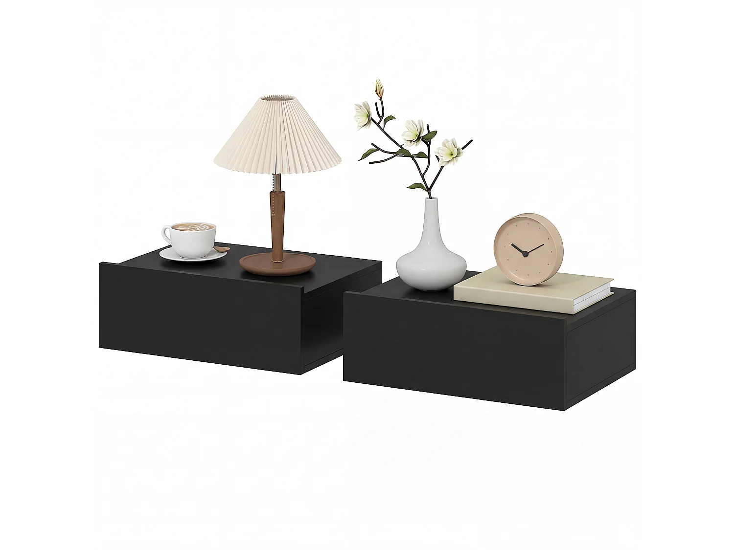 Lot de 2 chevets suspendus - tables de nuit - tiroir coulissant, plateau - noir