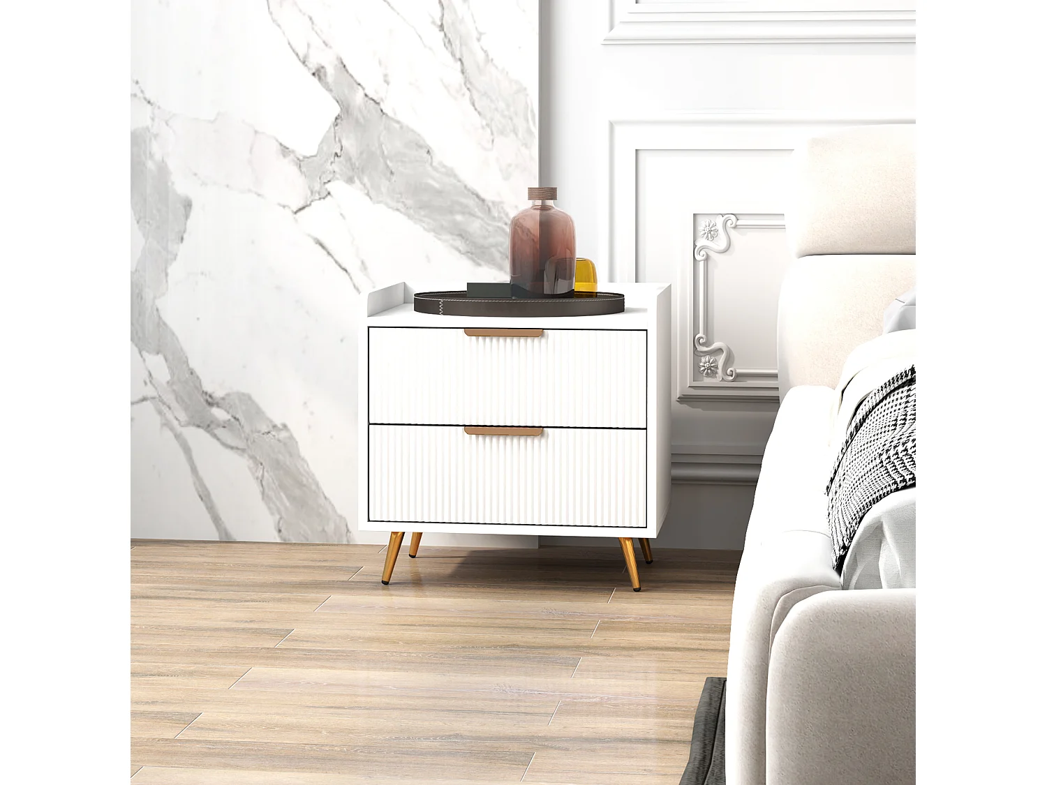 Chevet table de nuit design cannelé doré 2 tiroirs plateau rebord blanc