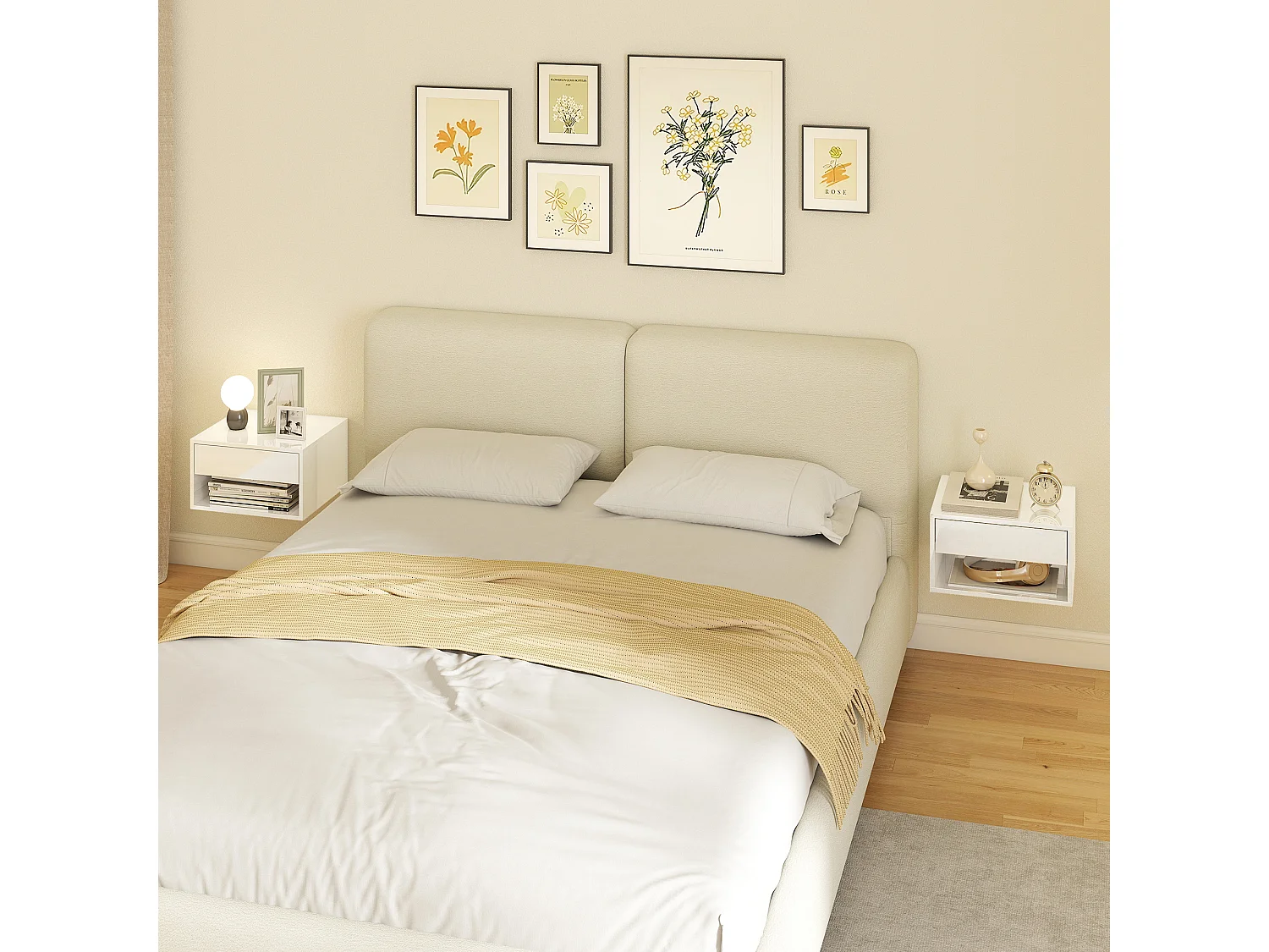Lot de 2 chevets suspendus - tables de nuit suspendues - tiroir, niche - blanc laqué