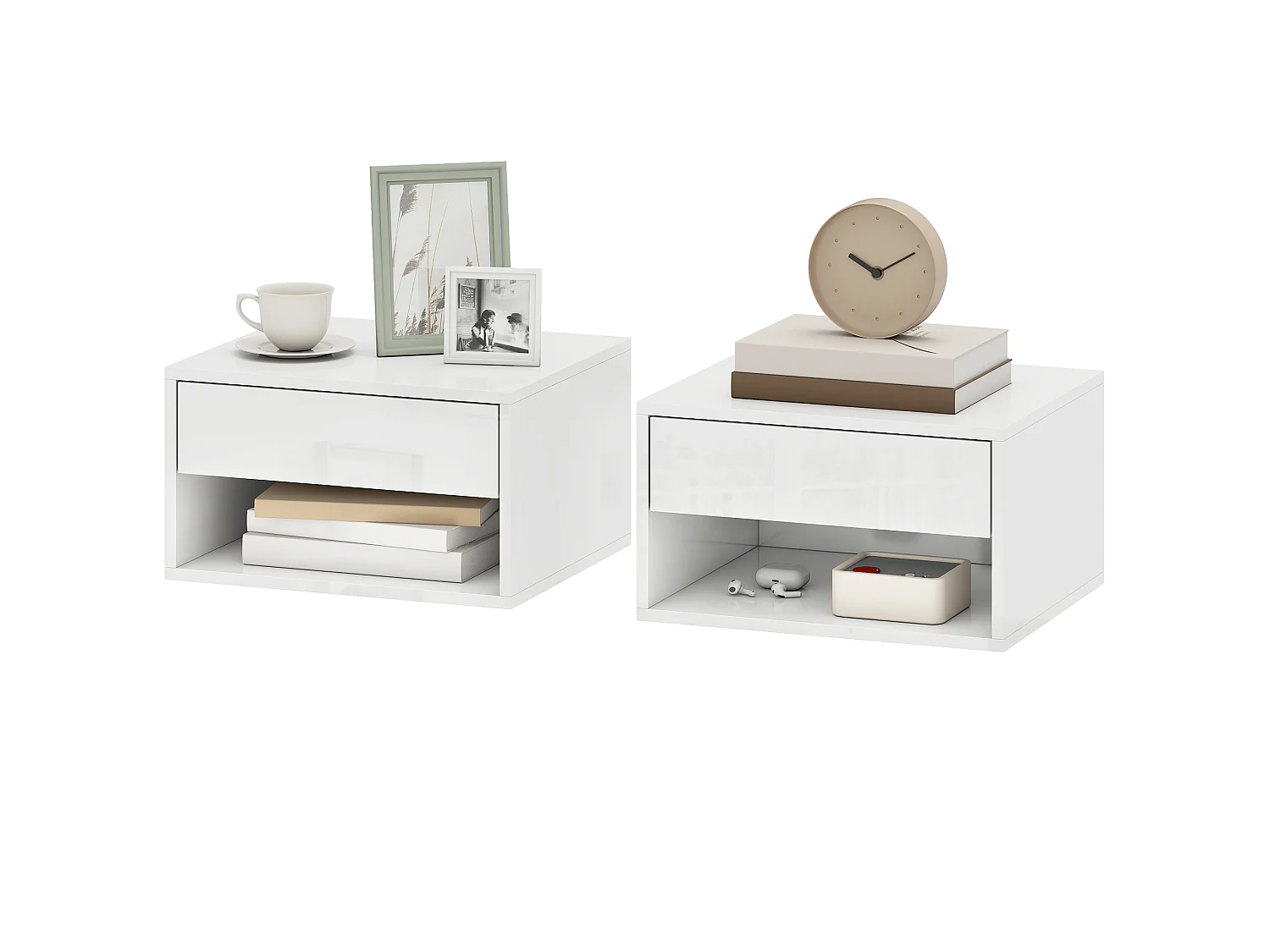 Lot de 2 chevets suspendus - tables de nuit suspendues - tiroir, niche - blanc laqué