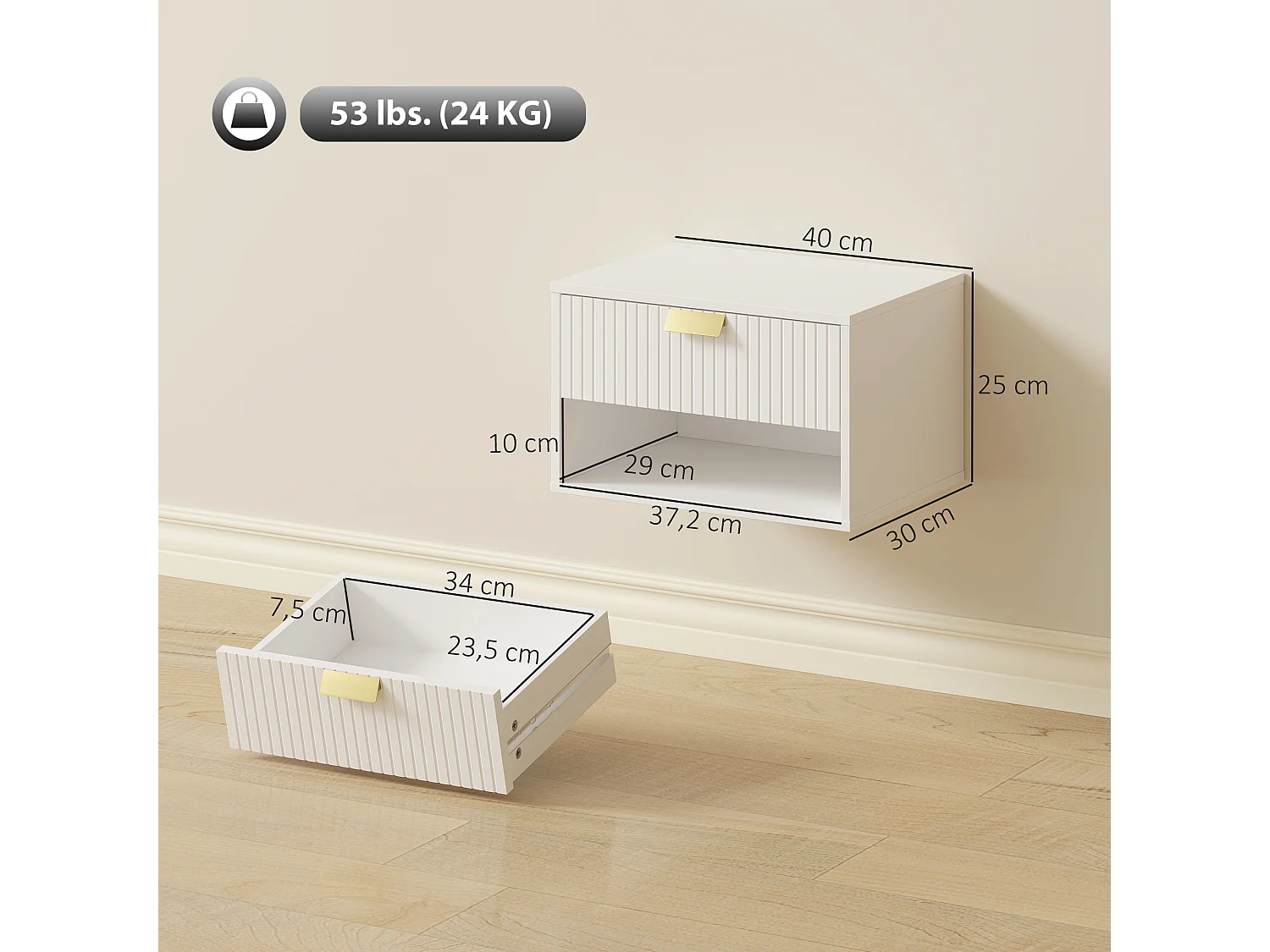 Lot de 2 chevets flottants design blanc doré - 40 x 30 x 25 cm - tiroir, niche