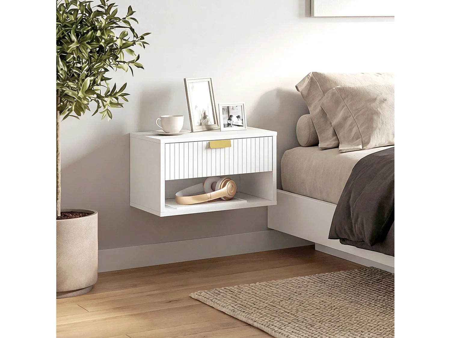 Lot de 2 chevets flottants design blanc doré - 40 x 30 x 25 cm - tiroir, niche
