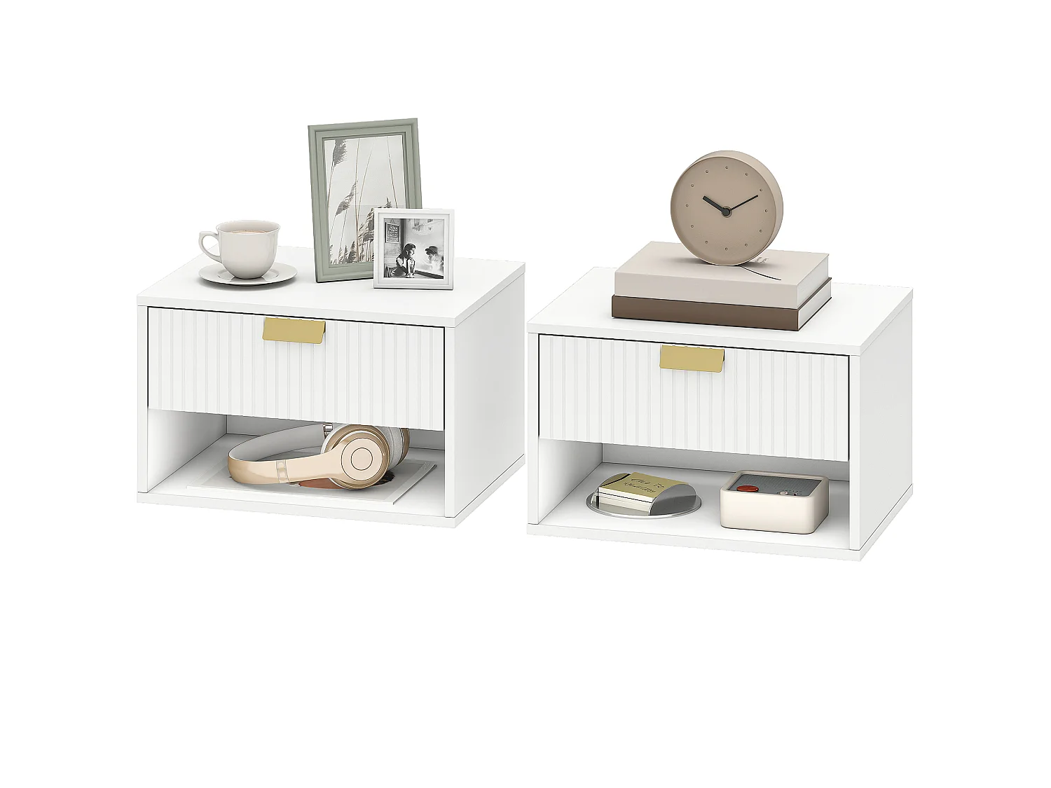 Lot de 2 chevets flottants design blanc doré - 40 x 30 x 25 cm - tiroir, niche