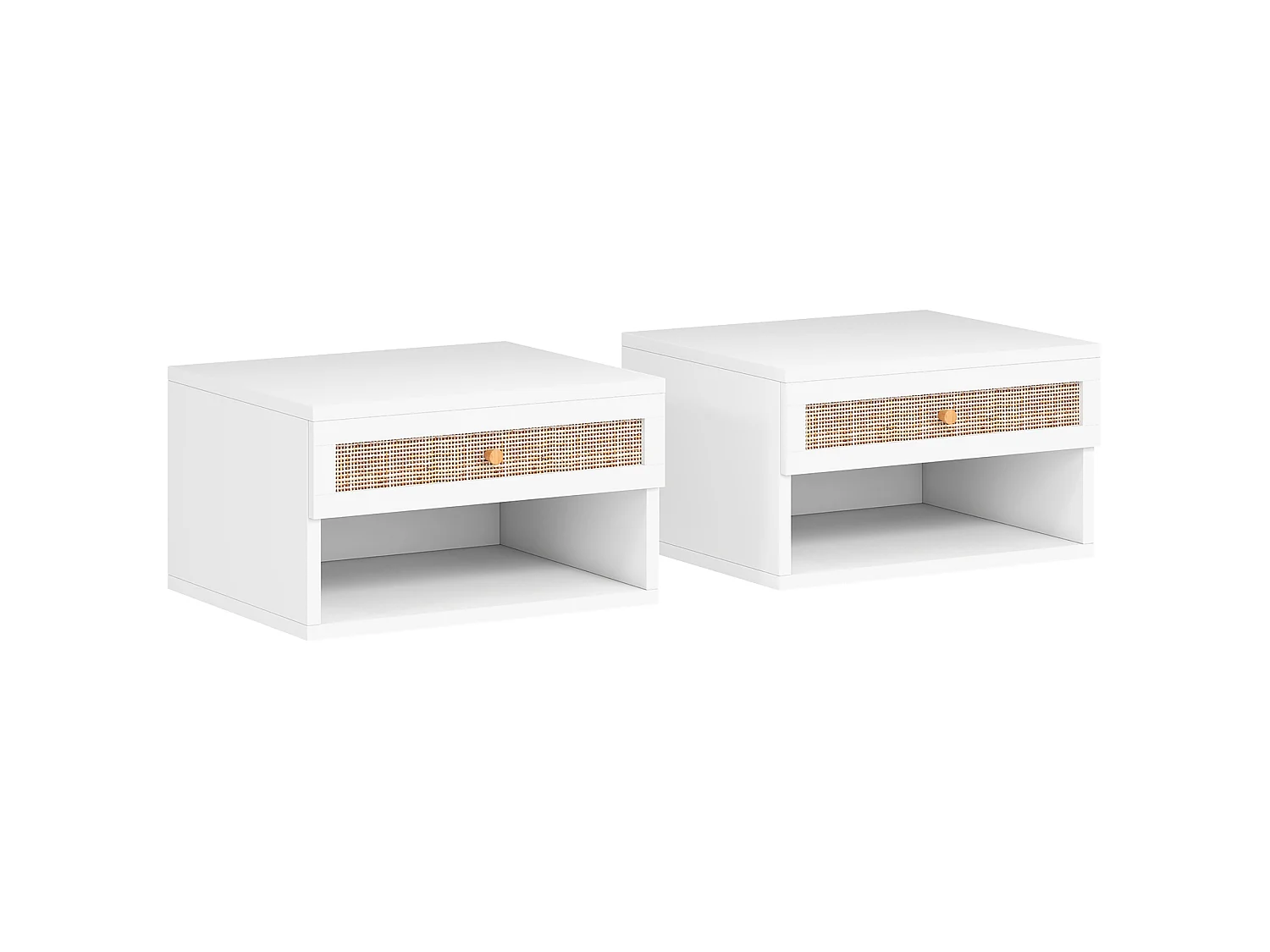 Lot de 2 chevets suspendus - tiroir, niche, plateau - cannage rotin blanc
