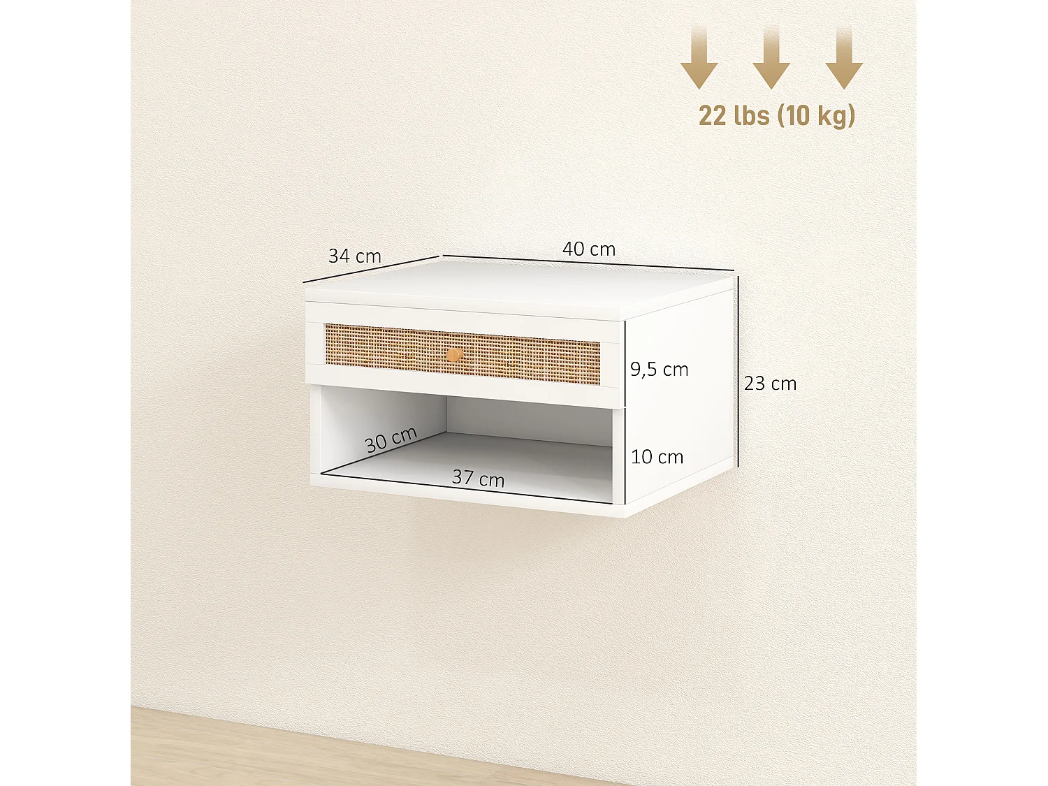 Lot de 2 chevets suspendus - tiroir, niche, plateau - cannage rotin blanc