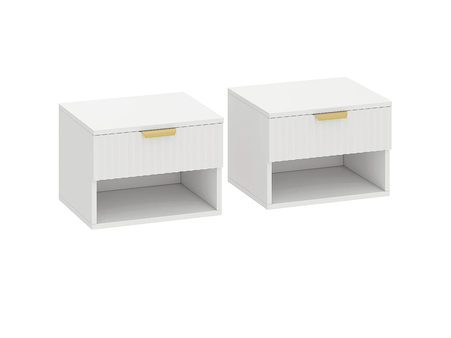 Lot de 2 chevets suspendus design effet cannelé - tiroir, niche - dim. 40 x 34 x 29 cm - doré blanc