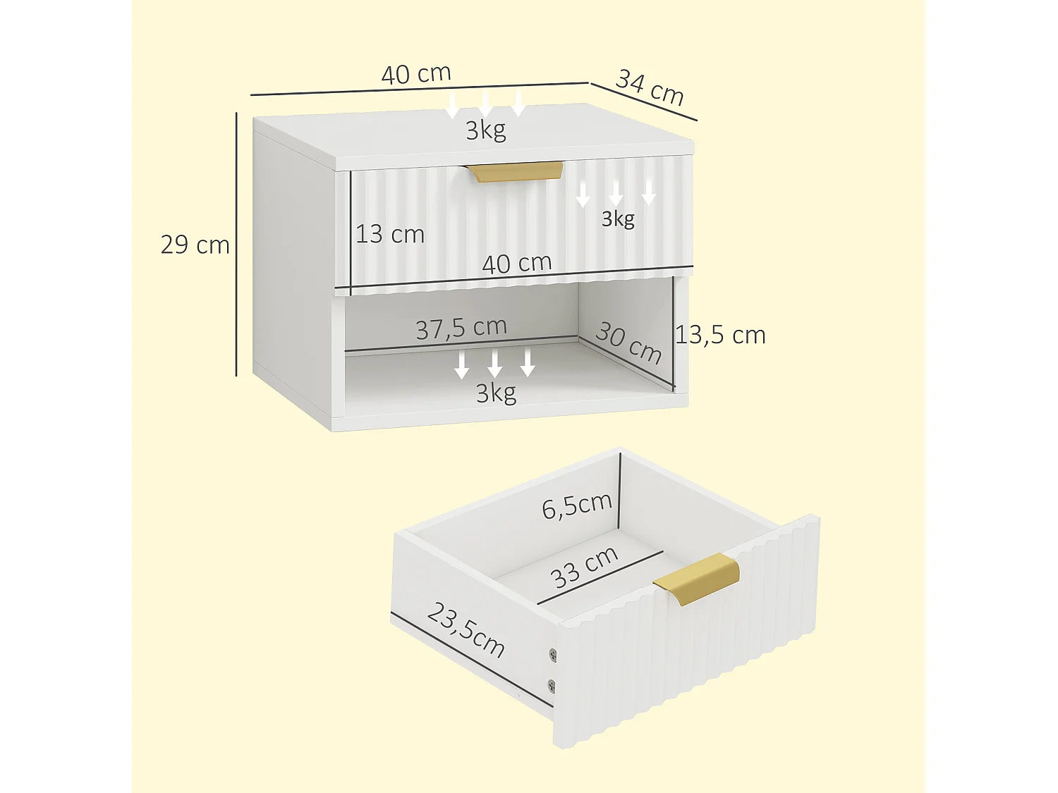 Lot de 2 chevets suspendus design effet cannelé - tiroir, niche - dim. 40 x 34 x 29 cm - doré blanc