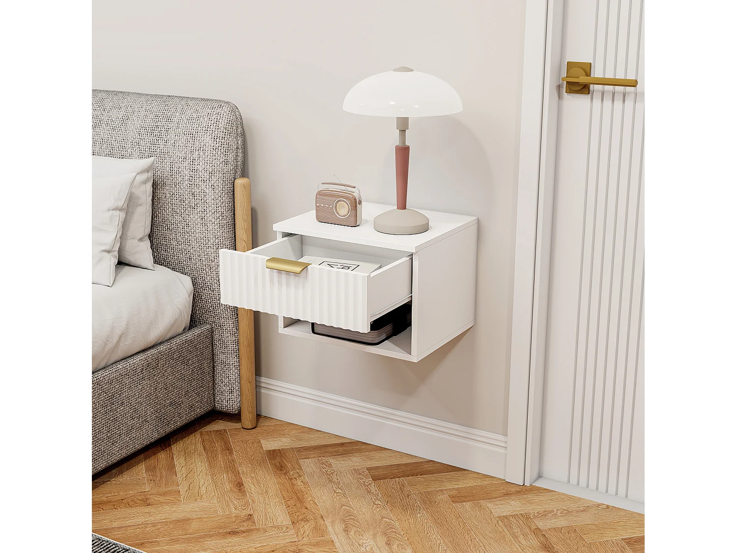 Lot de 2 chevets suspendus design effet cannelé - tiroir, niche - dim. 40 x 34 x 29 cm - doré blanc