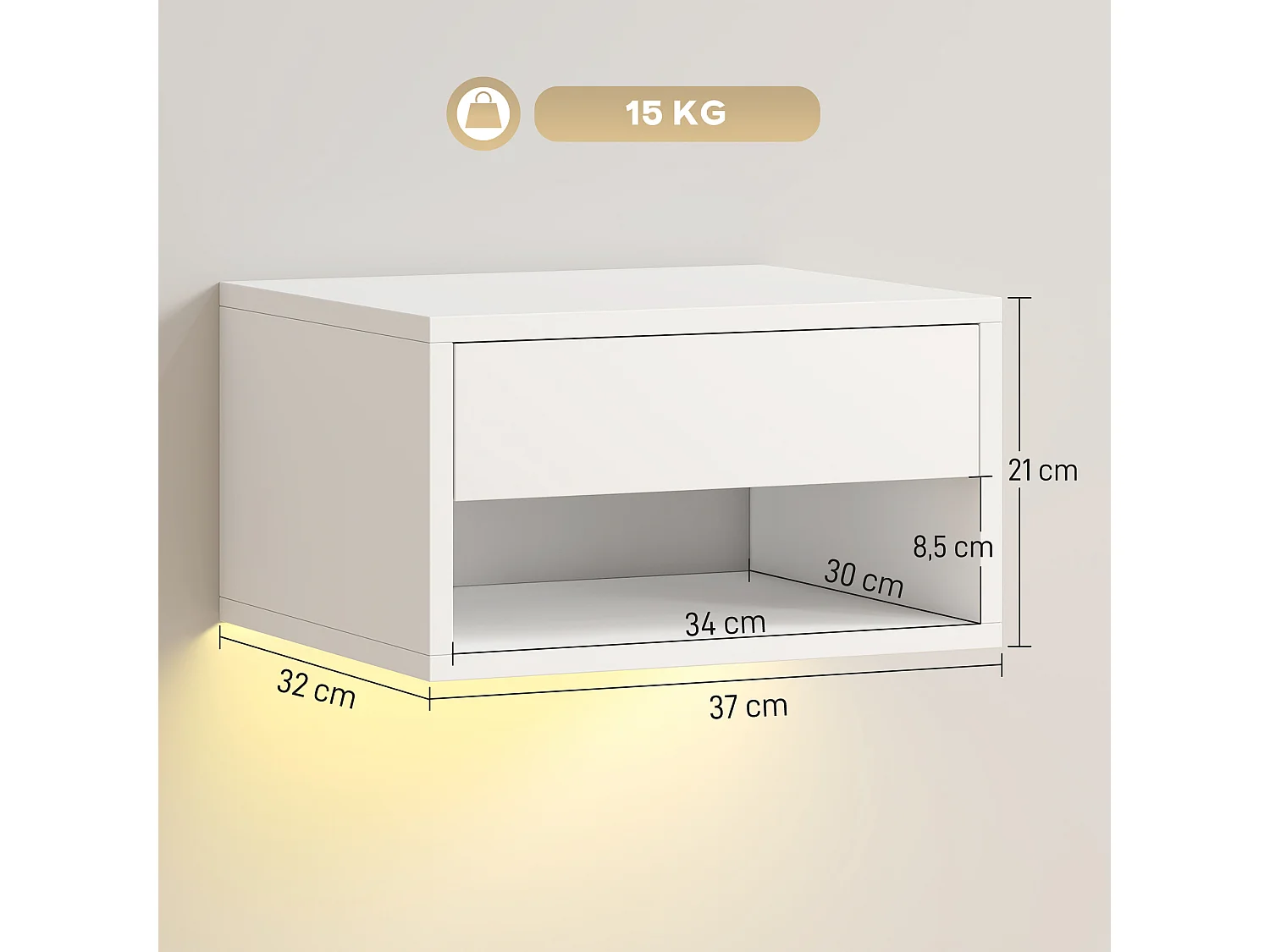 Lot de 2 chevets suspendus design LED réglable - tiroir, niche - blanc