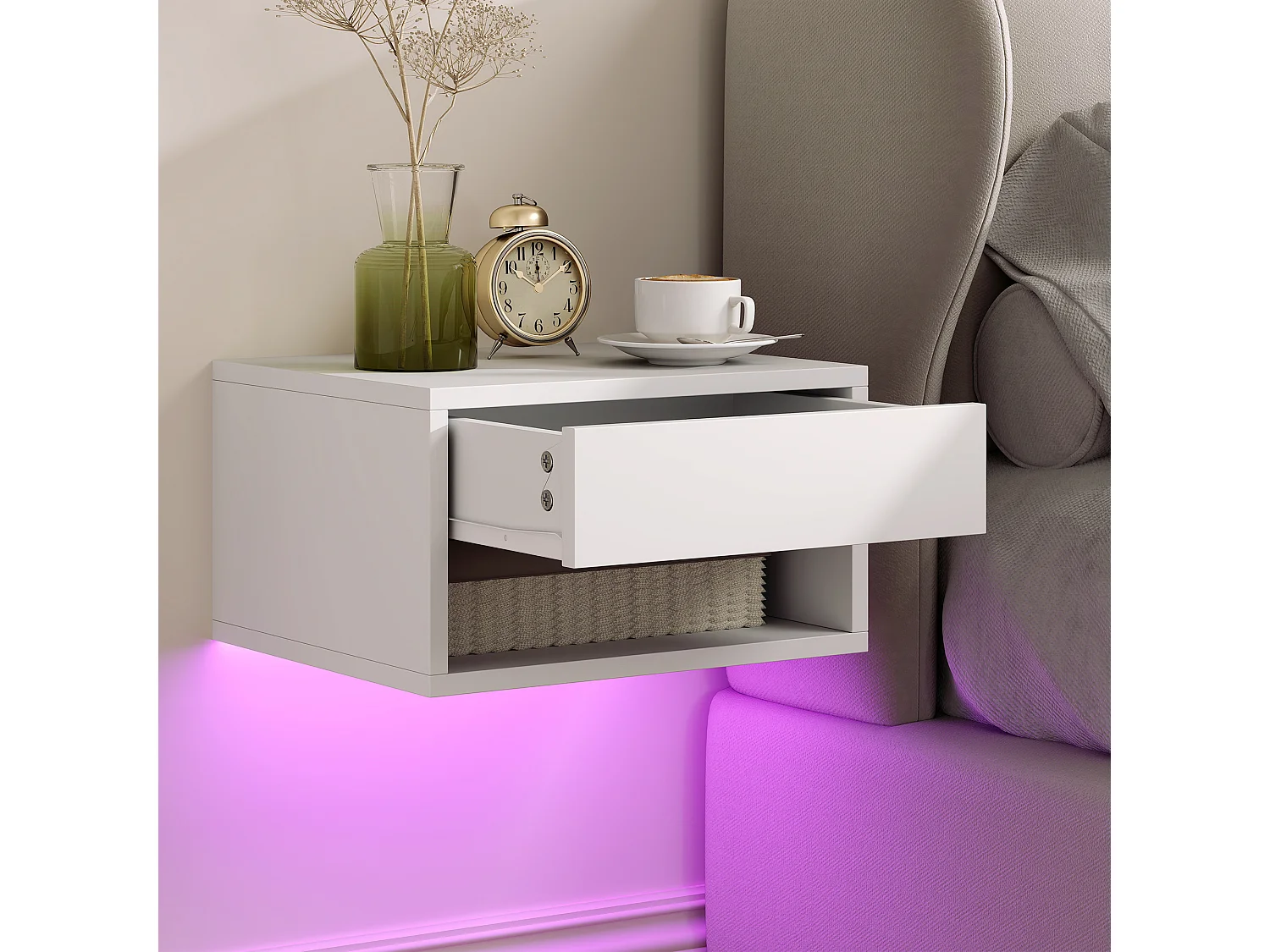Lot de 2 chevets suspendus design LED réglable - tiroir, niche - blanc