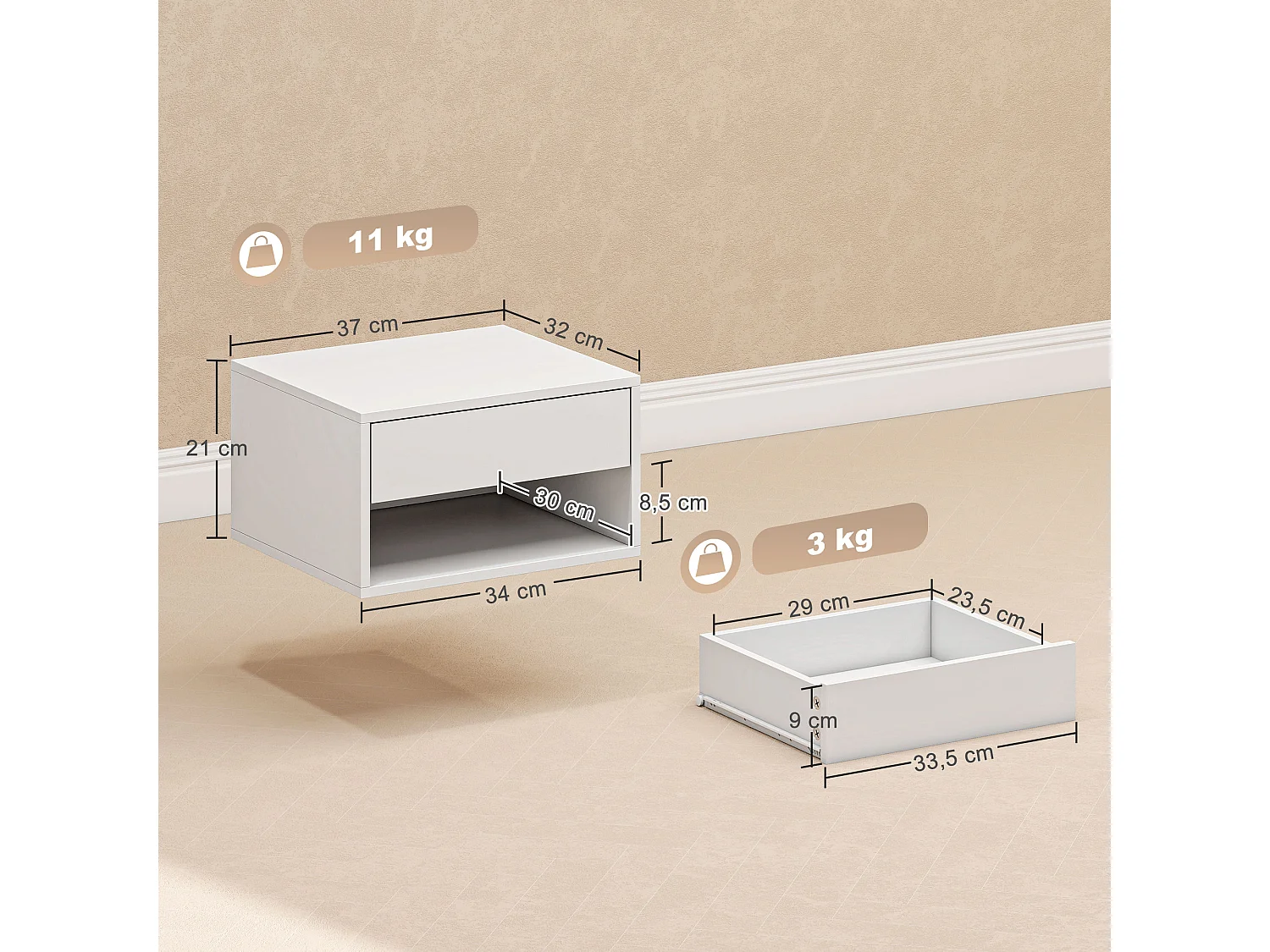 Lot de 2 chevets suspendus - tables de nuit suspendues - tiroir, niche - blanc