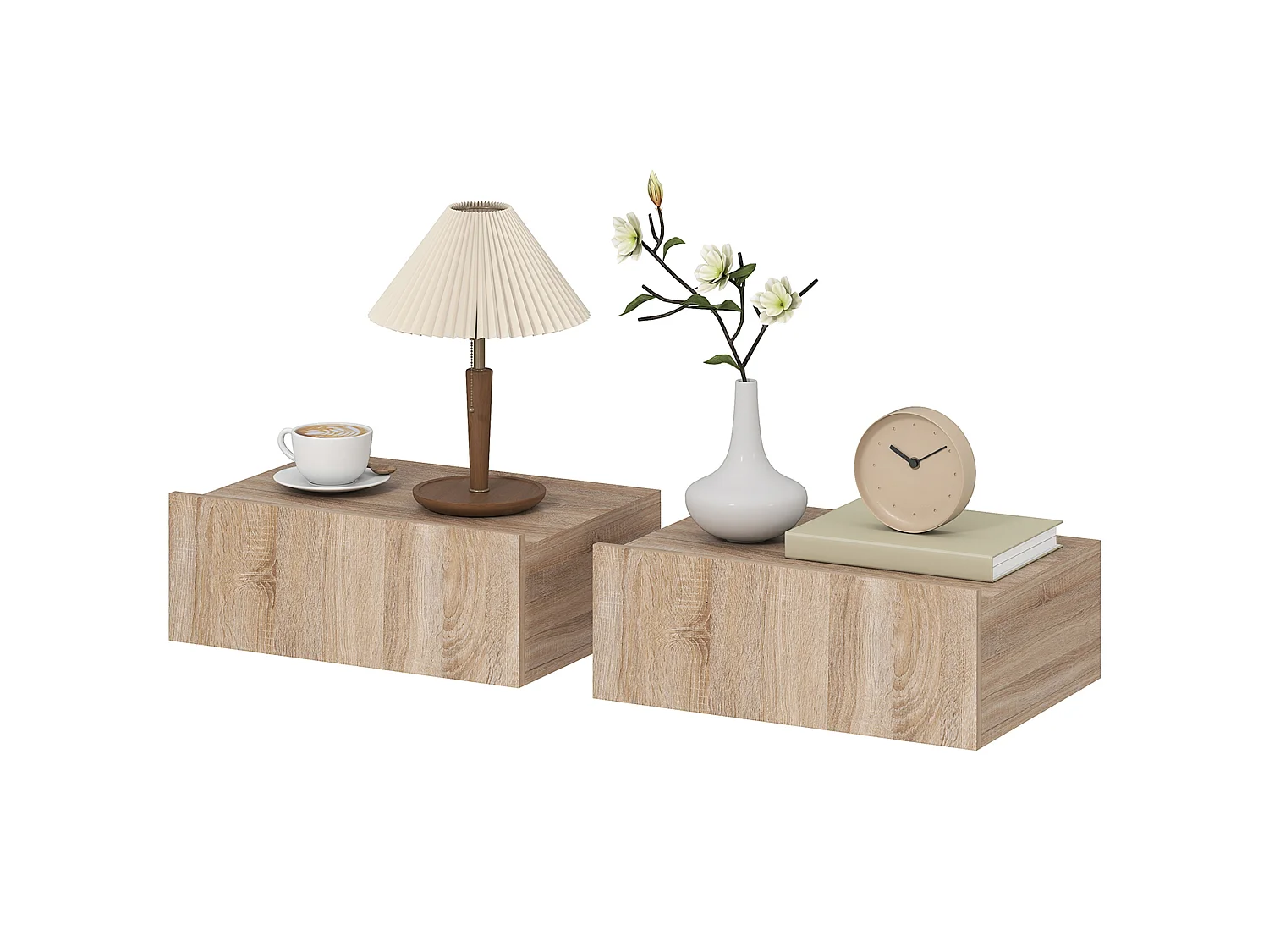 Lot de 2 chevets suspendus - tables de nuit - tiroir coulissant, plateau - effet chêne clair