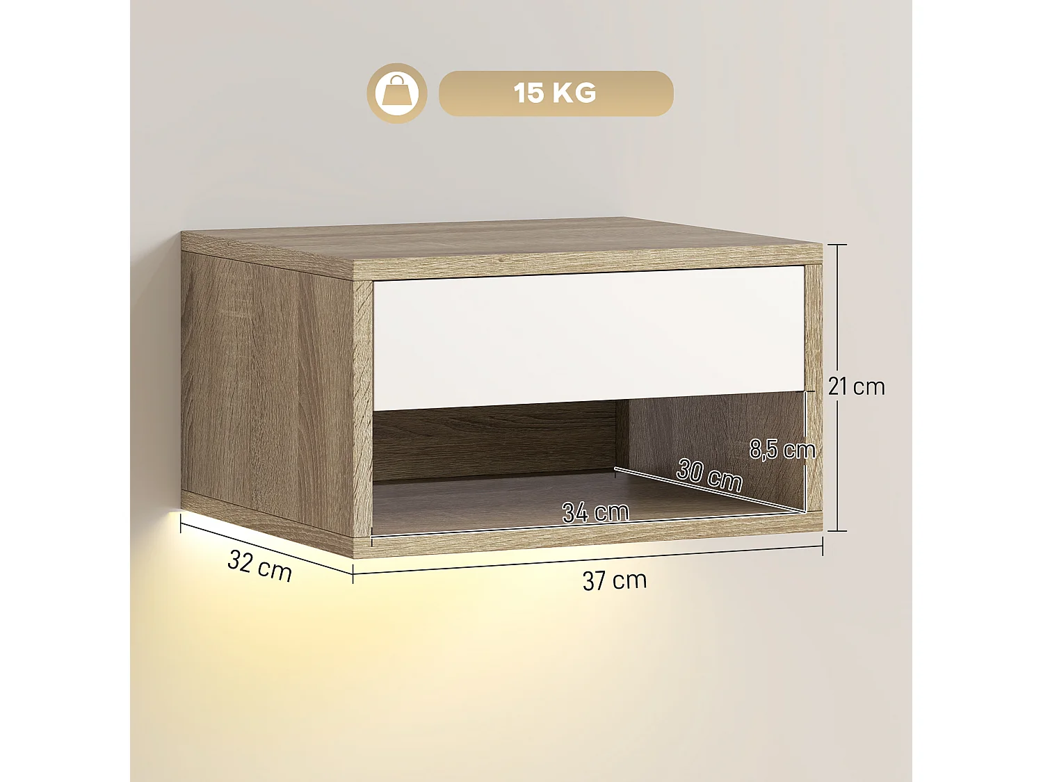 Lot de 2 chevets suspendus design LED réglable - tiroir, niche - blanc naturel