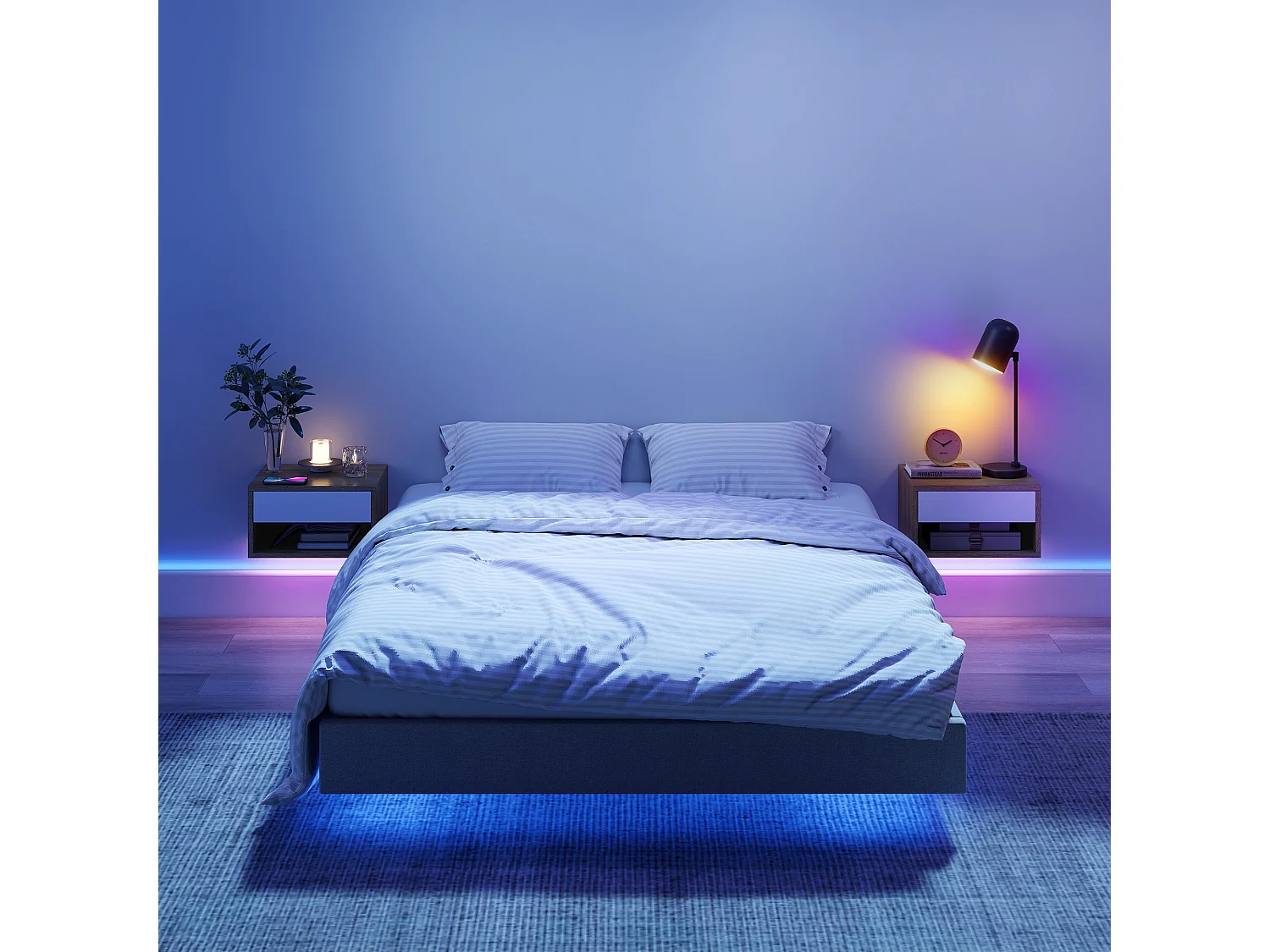 Lot de 2 chevets suspendus design LED réglable - tiroir, niche - blanc naturel