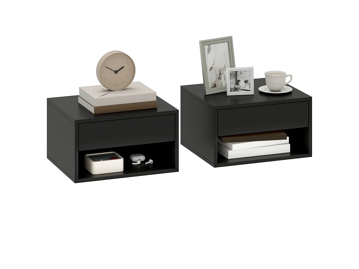 Lot de 2 chevets suspendus - tables de nuit suspendues - tiroir, niche - noir