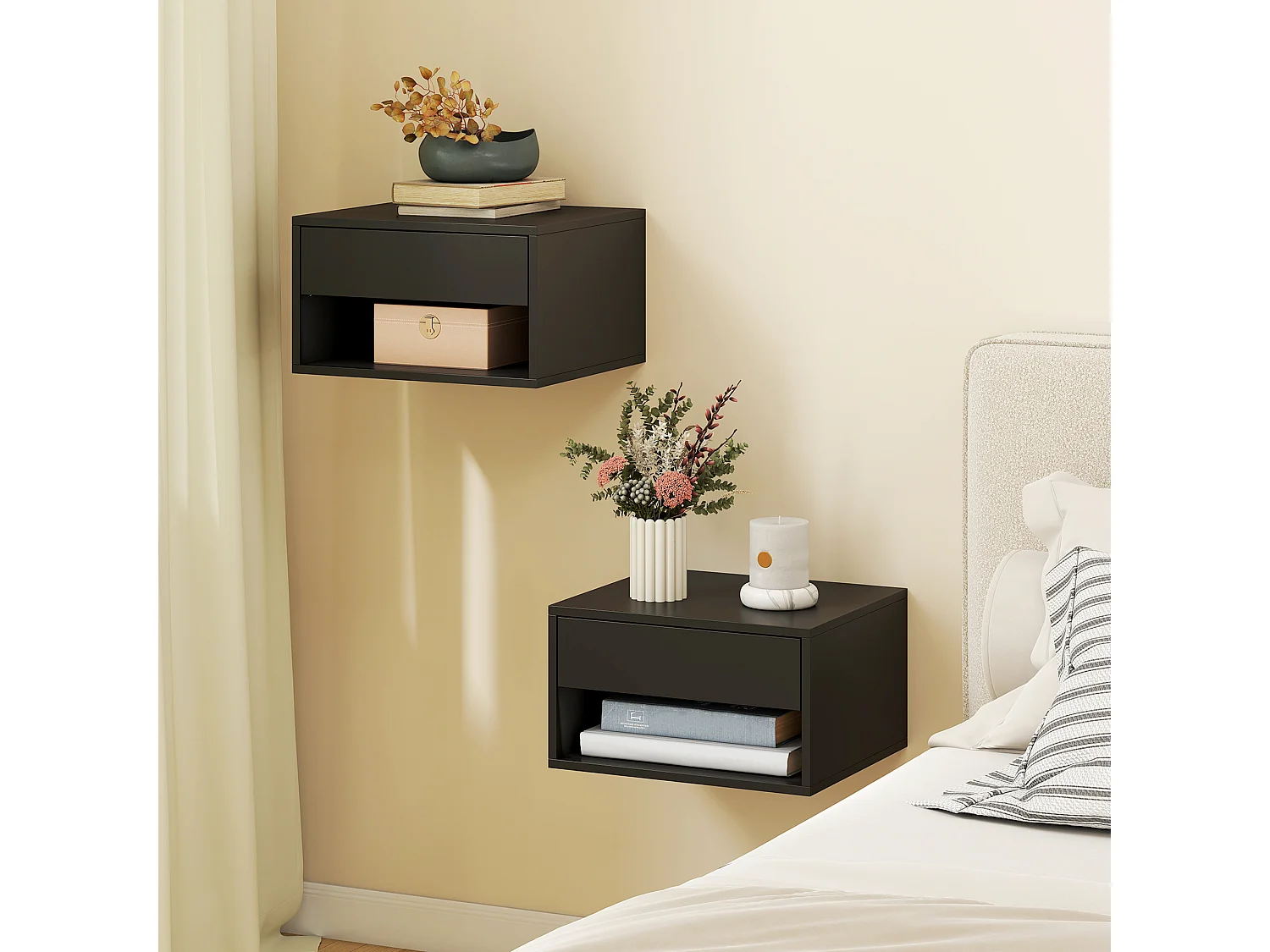 Lot de 2 chevets suspendus - tables de nuit suspendues - tiroir, niche - noir