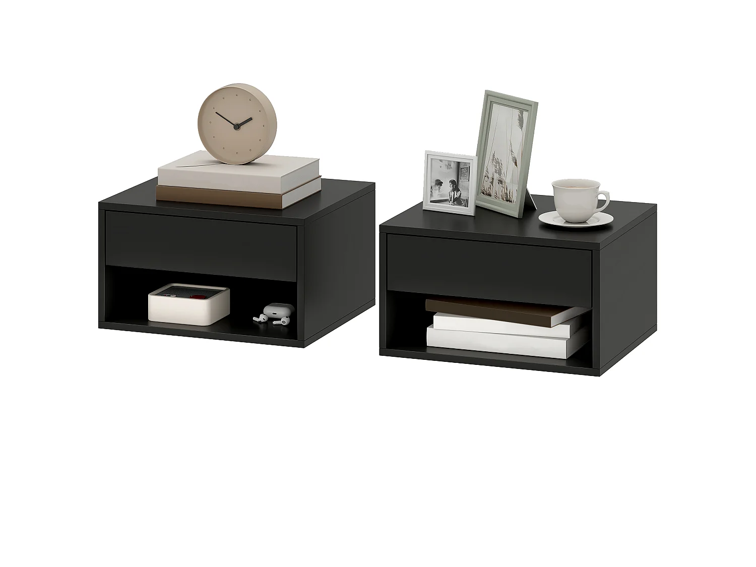 Lot de 2 chevets suspendus - tables de nuit suspendues - tiroir, niche - noir
