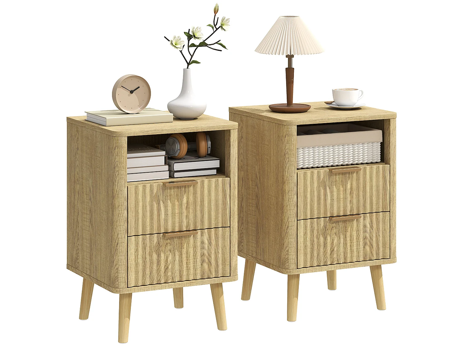 Lot de 2 tables de chevet 2 tiroirs niche effet bois clair