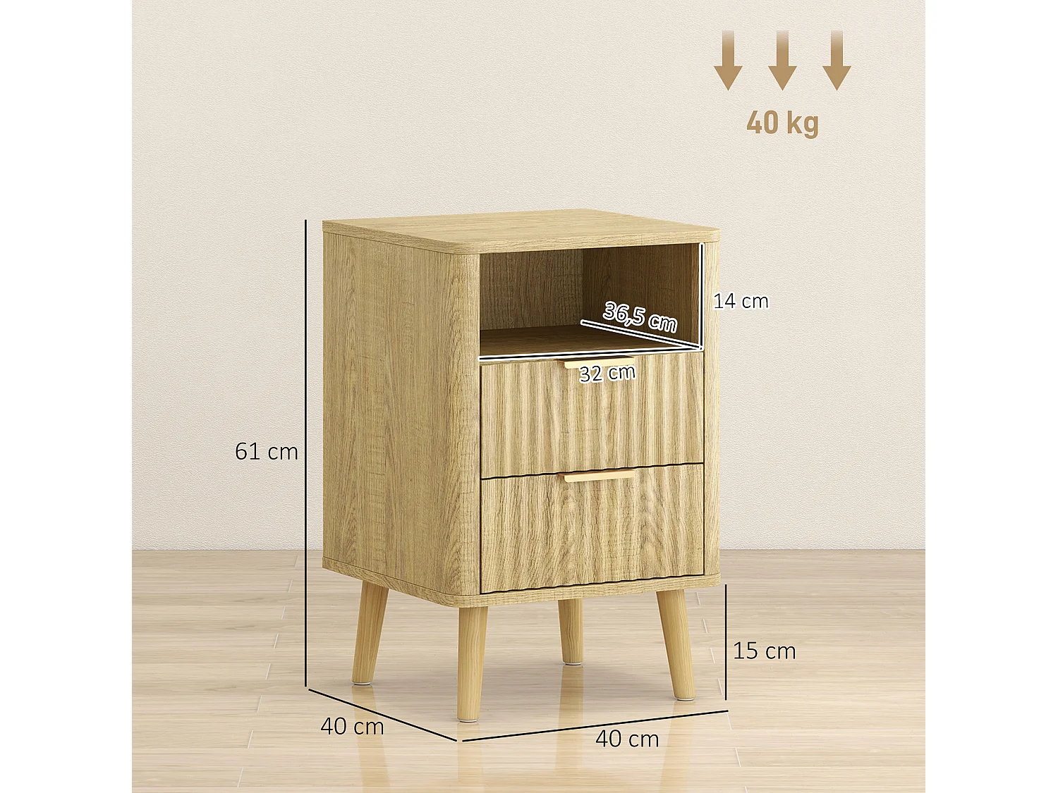 Lot de 2 tables de chevet 2 tiroirs niche effet bois clair