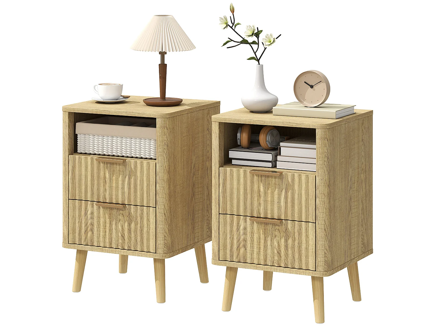 Lot de 2 tables de chevet 2 tiroirs niche effet bois clair