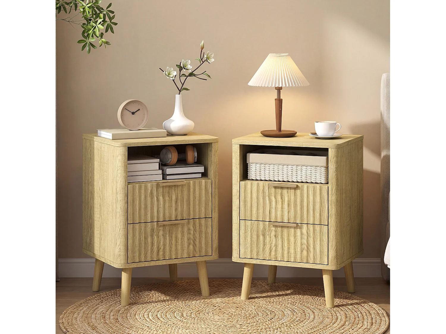 Lot de 2 tables de chevet 2 tiroirs niche effet bois clair