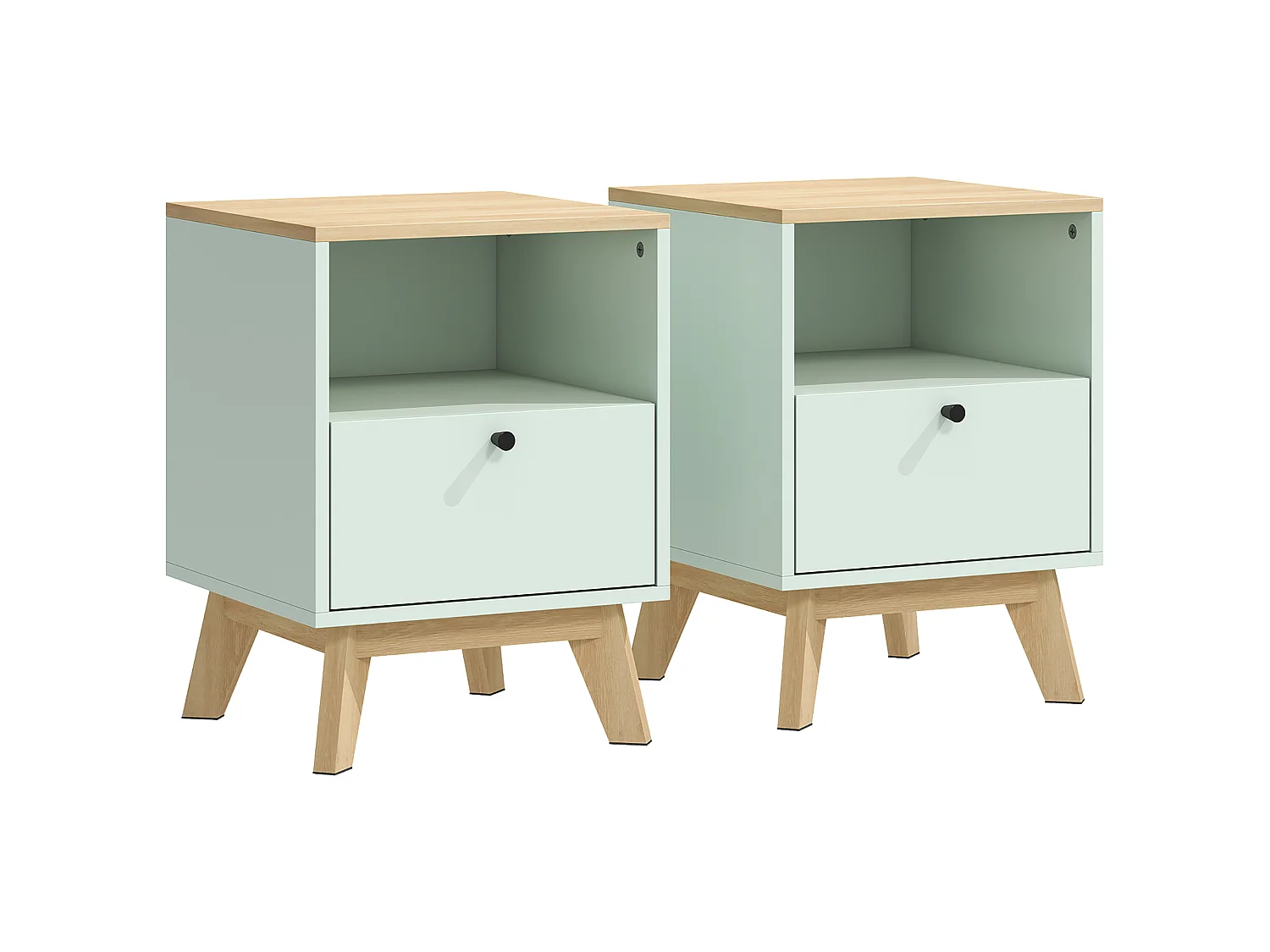Lot de 2 chevets table de nuit style nordique bicolore vert d'eau effet bois clair