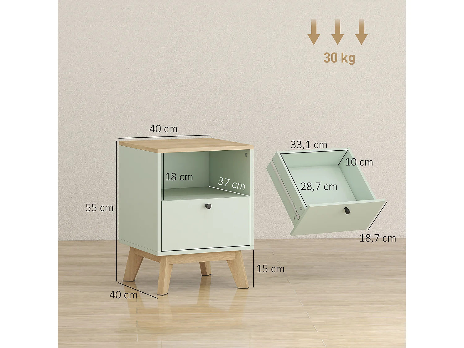 Lot de 2 chevets table de nuit style nordique bicolore vert d'eau effet bois clair