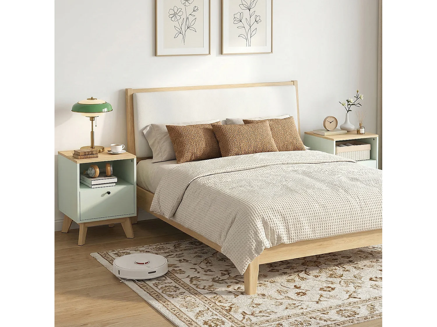 Lot de 2 chevets table de nuit style nordique bicolore vert d'eau effet bois clair