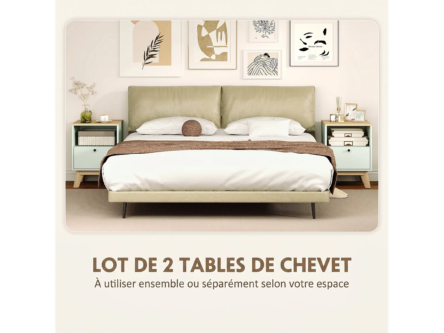 Lot de 2 chevets table de nuit style nordique bicolore vert d'eau effet bois clair