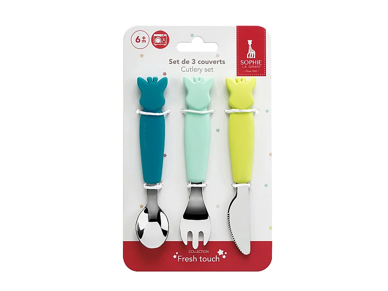 Couverts bébé Sophie la Girafe - Set 3 pièces inox et silicone, dès 6 mois