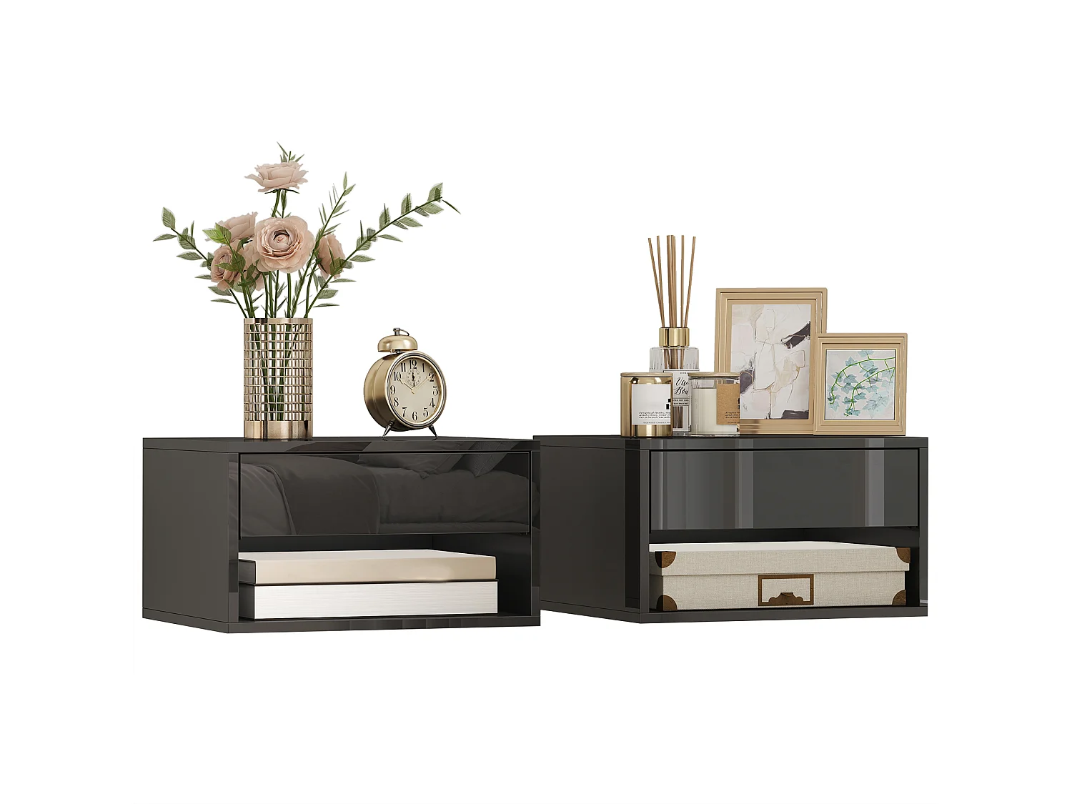 Lot de 2 chevets suspendus - tables de nuit suspendues - tiroir, niche - noir laqué