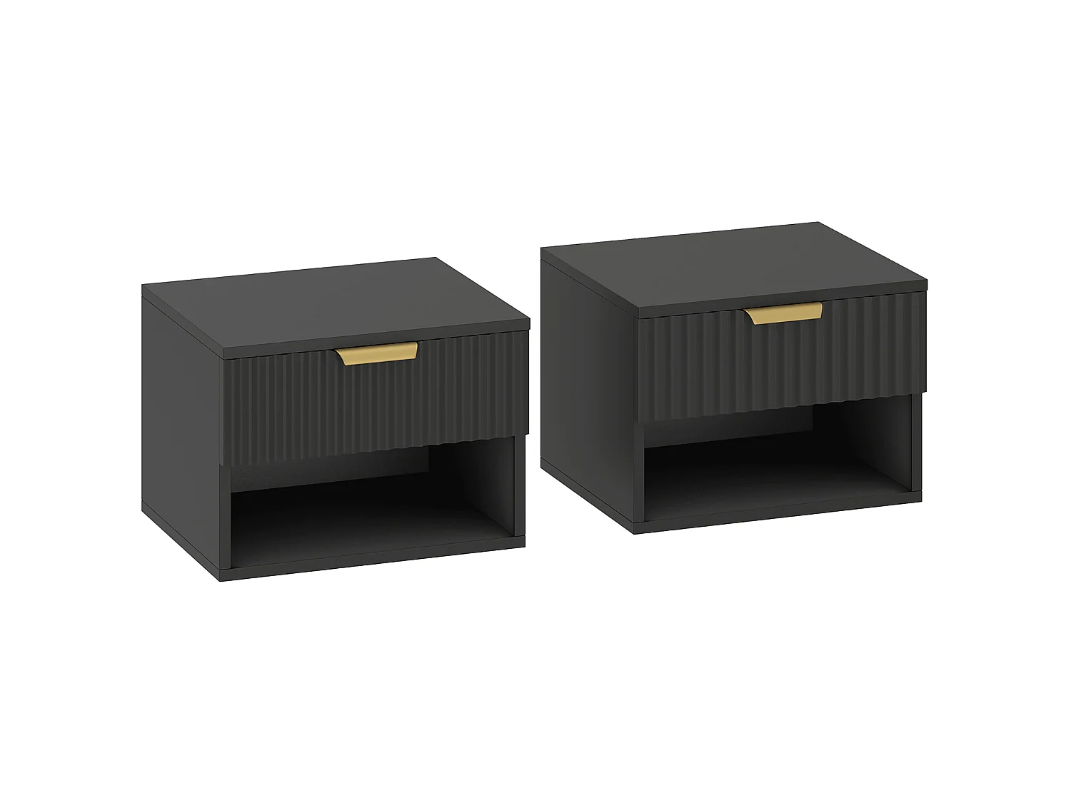 Lot de 2 chevets suspendus design effet cannelé - tiroir, niche - dim. 40 x 34 x 29 cm - doré noir
