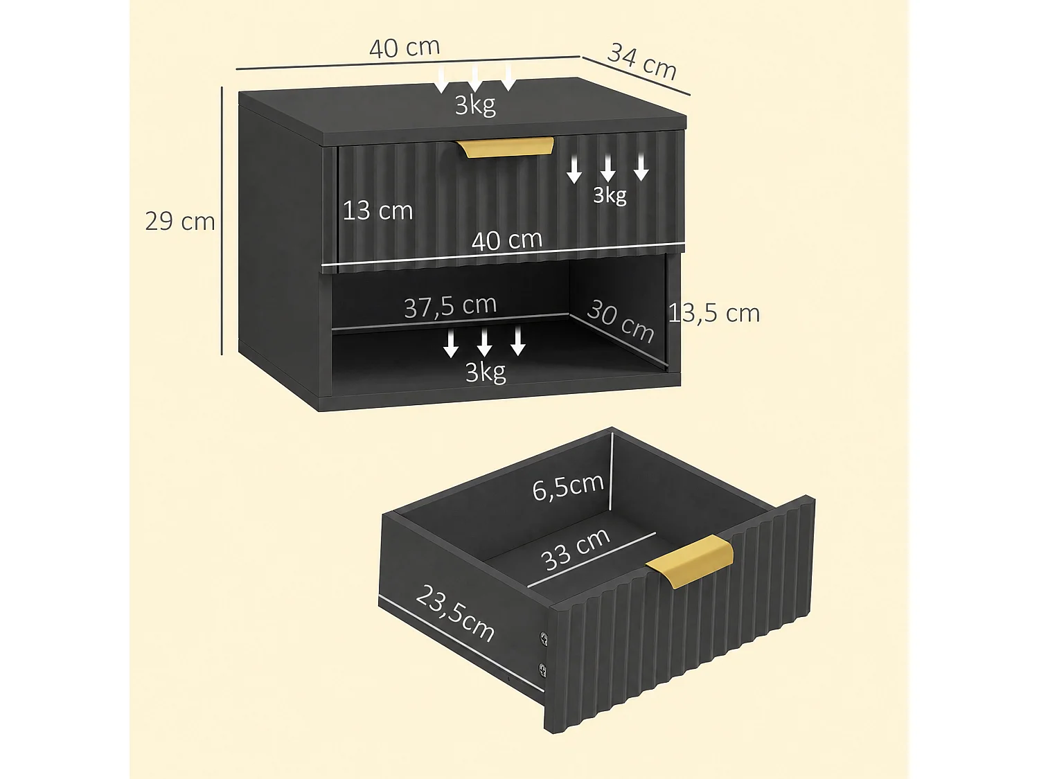 Lot de 2 chevets suspendus design effet cannelé - tiroir, niche - dim. 40 x 34 x 29 cm - doré noir