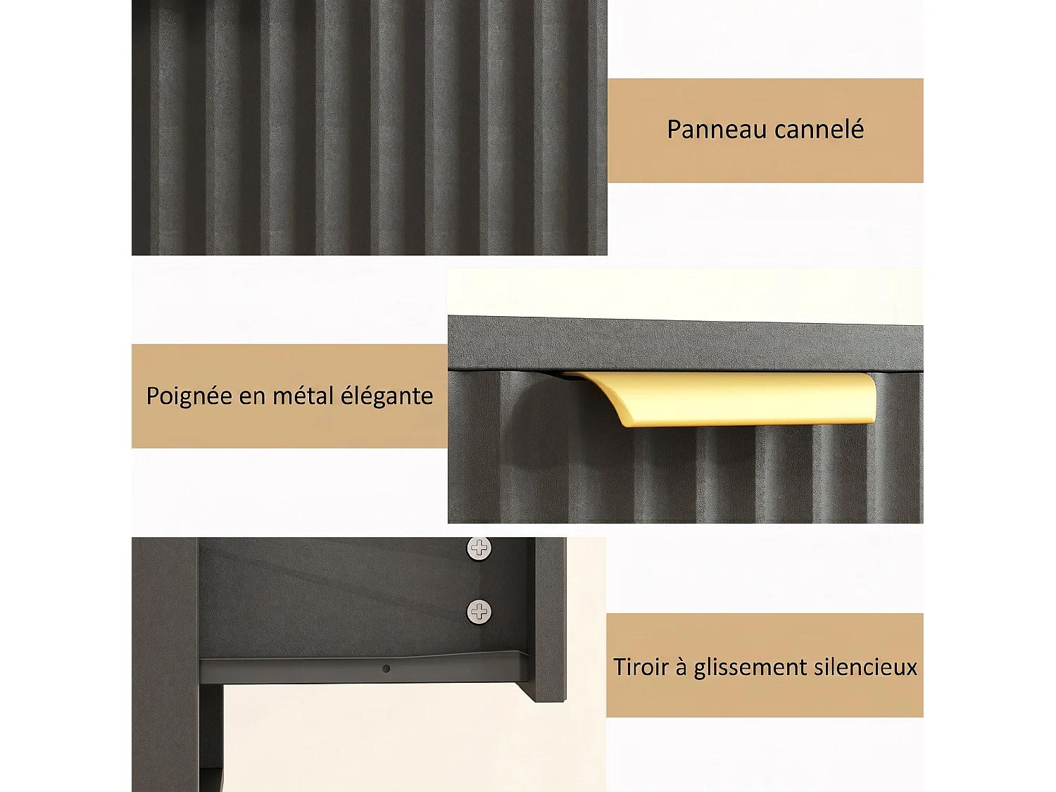 Lot de 2 chevets suspendus design effet cannelé - tiroir, niche - dim. 40 x 34 x 29 cm - doré noir