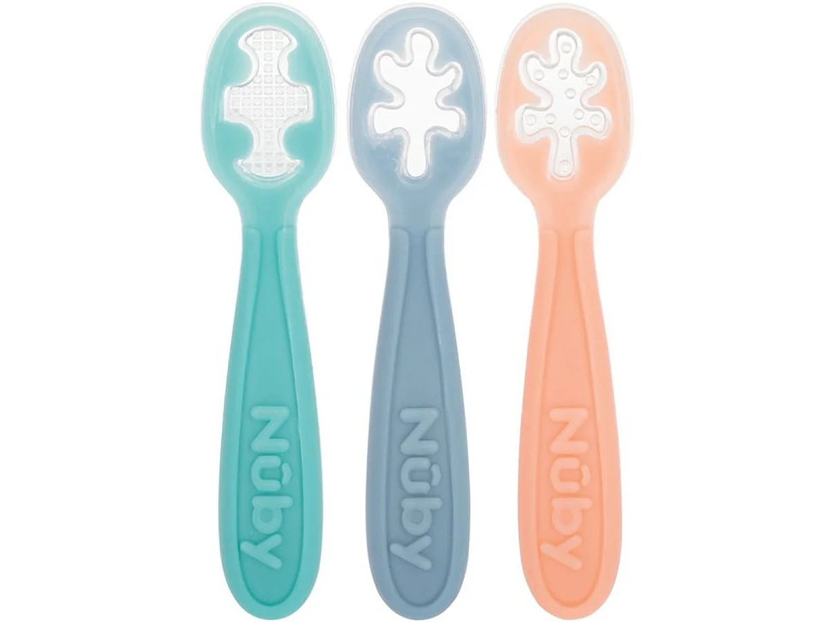 NUBY Pack de 3 cuillères ergonomiques en silicone pour bébé, dès 6 mois - Rose/Bleu/Vert