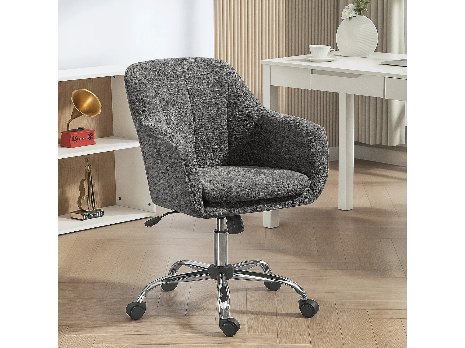 Chaise de bureau design bouclette gris piètement acier chromé
