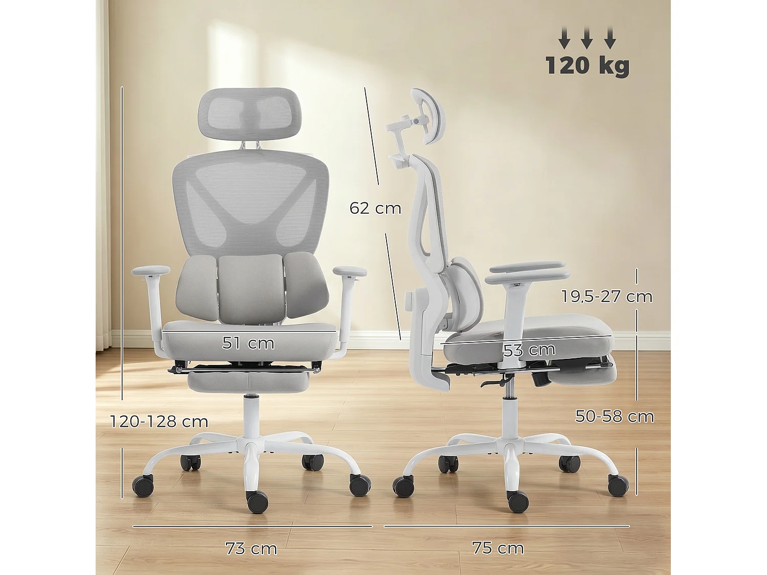 Chaise de bureau ergonomique inclinable soutien lombaire appui-tête accoudoirs 3D réglables gris